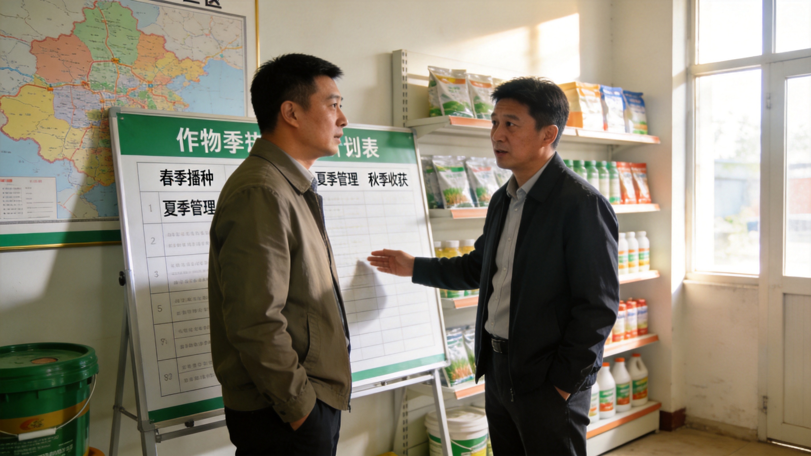平台招商经理与农资经销商在门店里对着作物季节计划表沟通,墙上挂着区域地图与陈列货架,商务写实风格