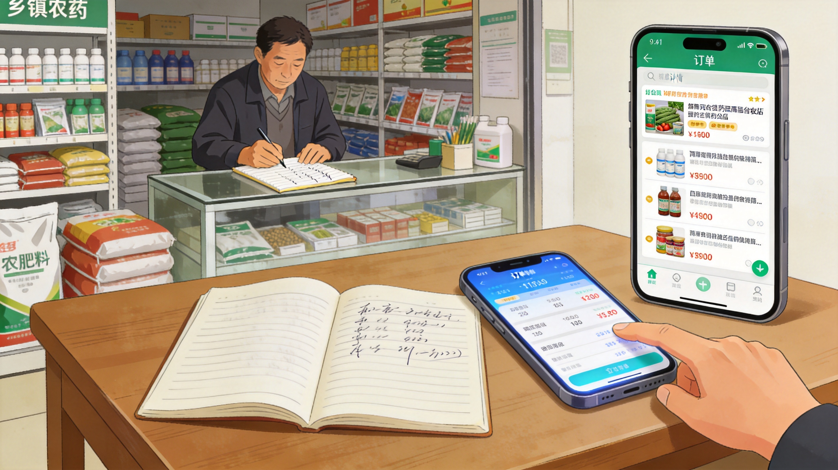 乡镇农资门店与线上平台订单界面对比的场景插画,桌面有账本与手机,写实风格,氛围理性专业