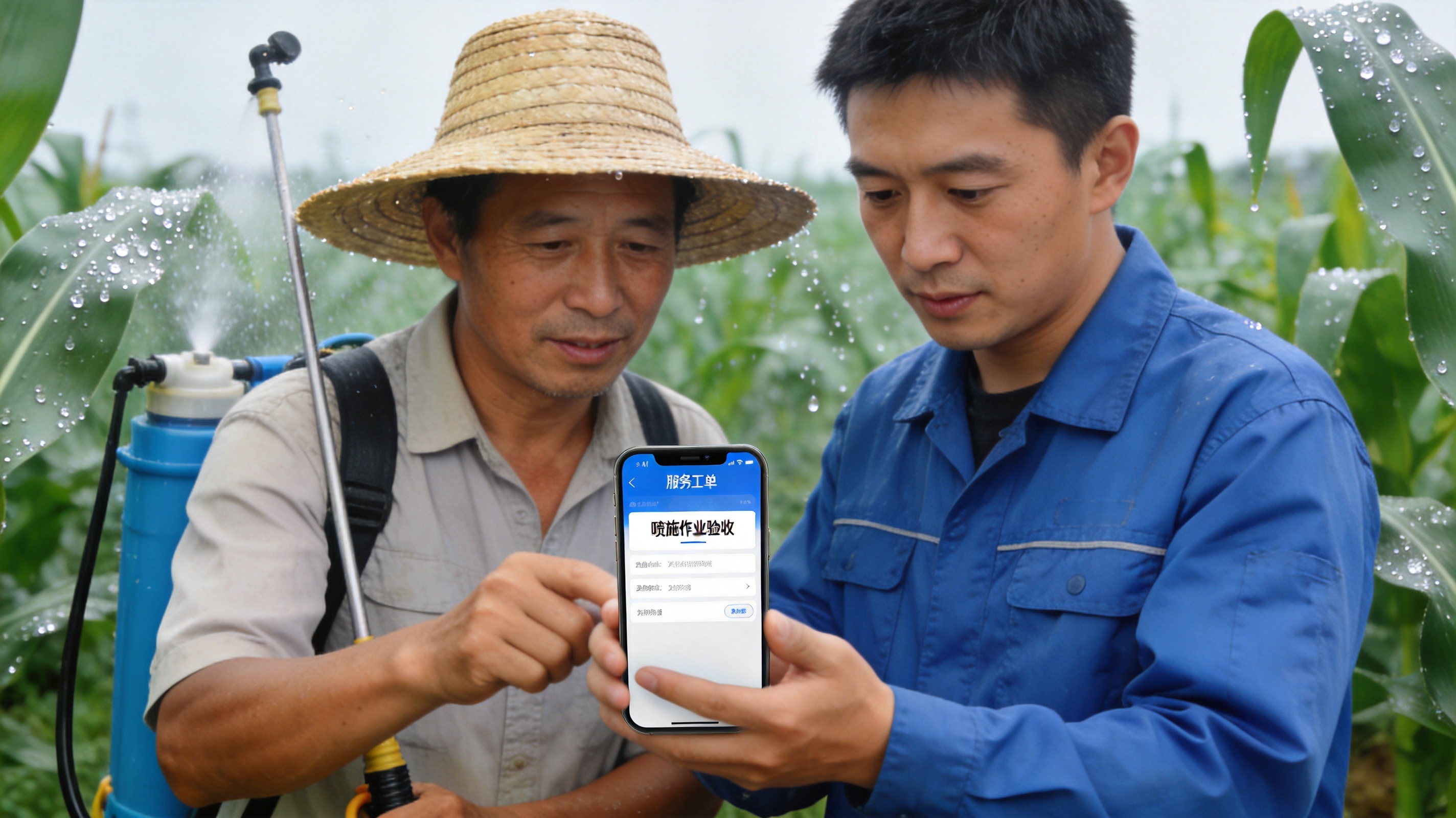 田间地头农技员与种植户对照手机服务工单验收喷施作业,写实纪实风格,氛围专业可信