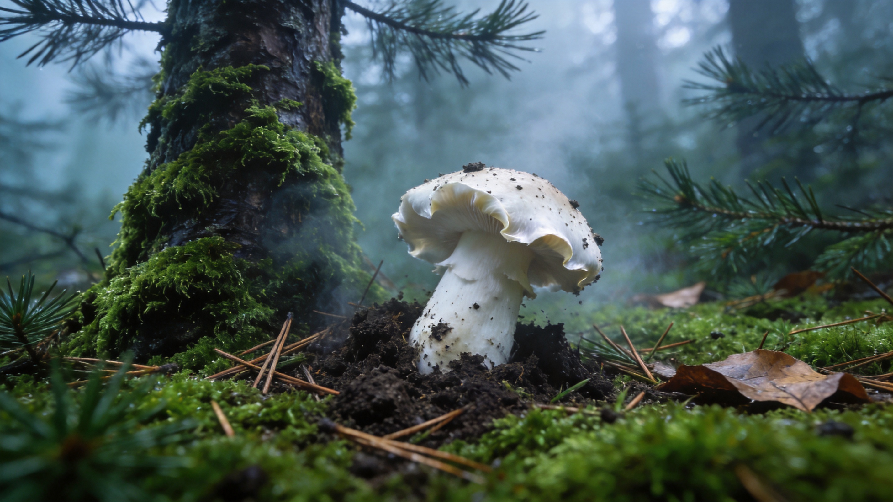 清晨的甘孜高原针叶林与苔藓地面特写,林下露出刚破土的松茸,纪实摄影风格,空气清冷湿润氛围