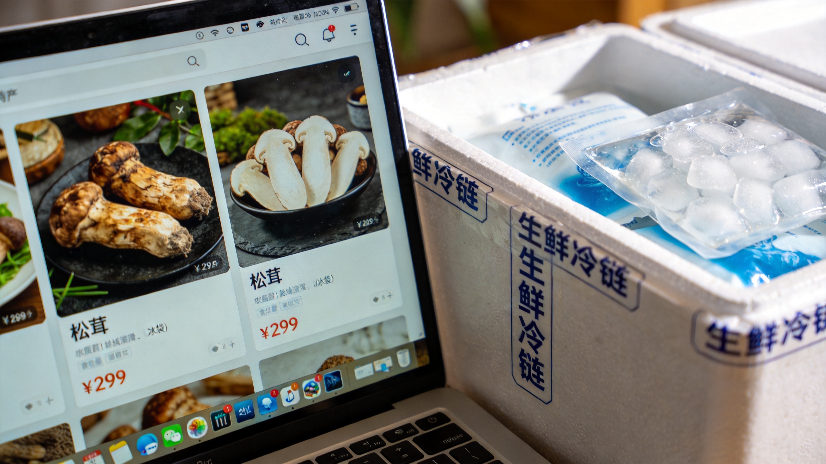 电脑屏幕展示电商平台特产频道页面与松茸商品卡片,旁边放着打包好的冷链泡沫箱和冰袋,纪实风格,清晰明亮氛围