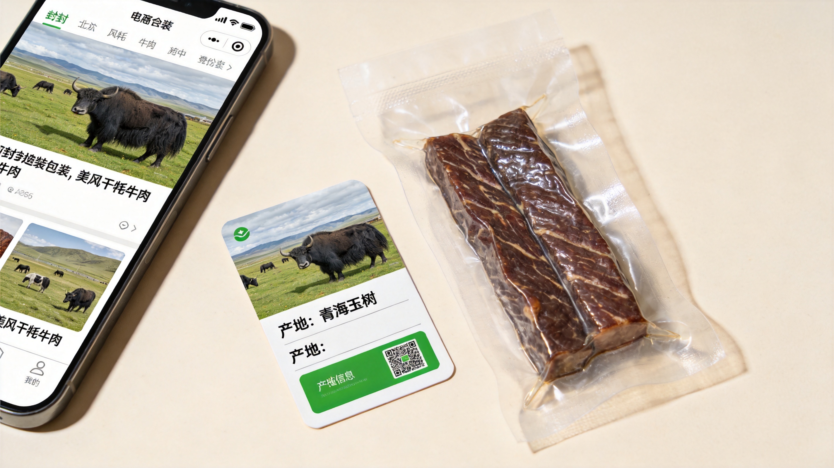 电商平台页面旁放着密封包装风干牦牛肉与产地信息卡片，现代简洁构图，柔和自然光，商业静物摄影