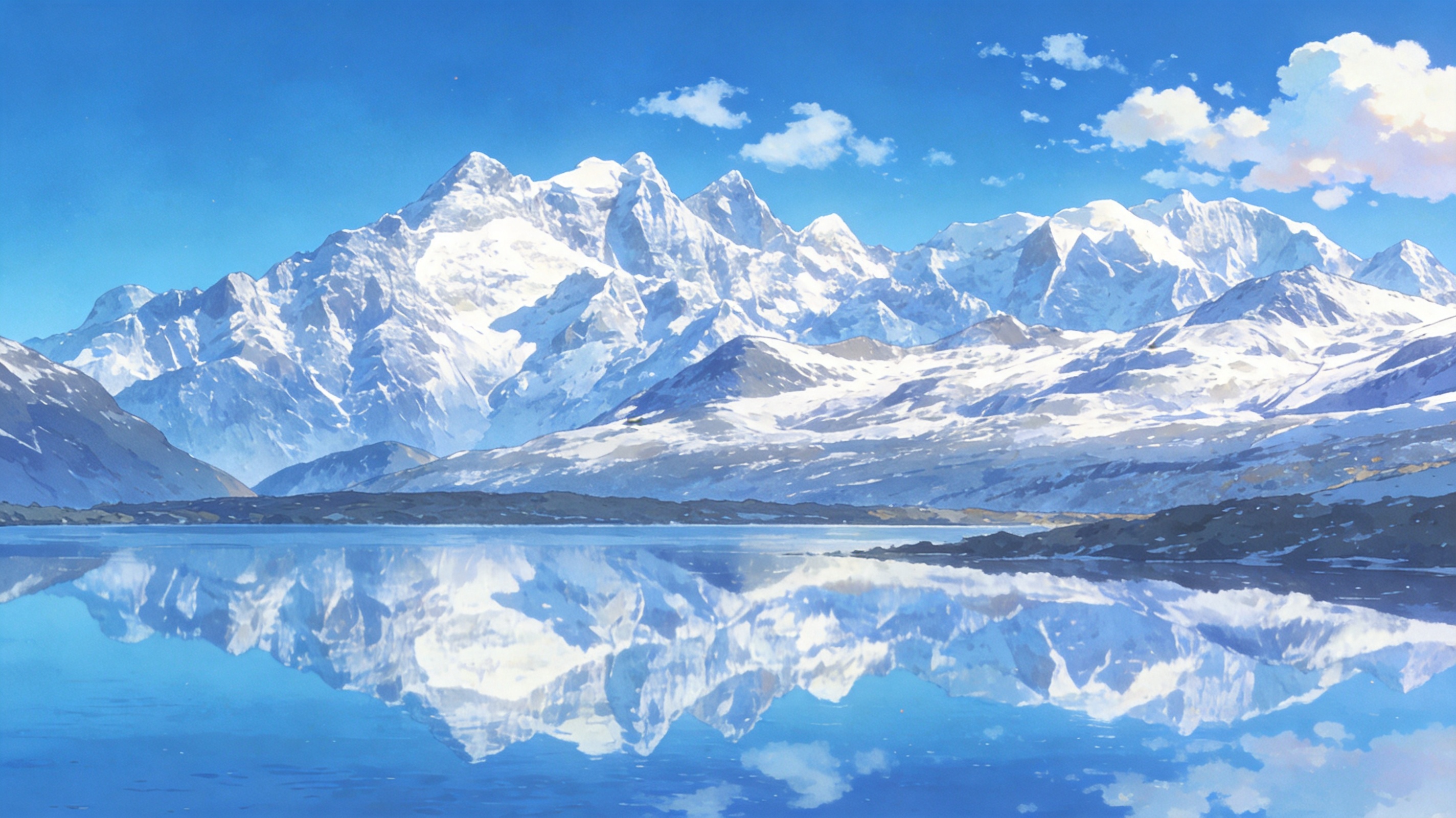稻城亚丁雪山倒映在高山海子湖面，天空湛蓝，画面通透宁静，写实风景插画风格