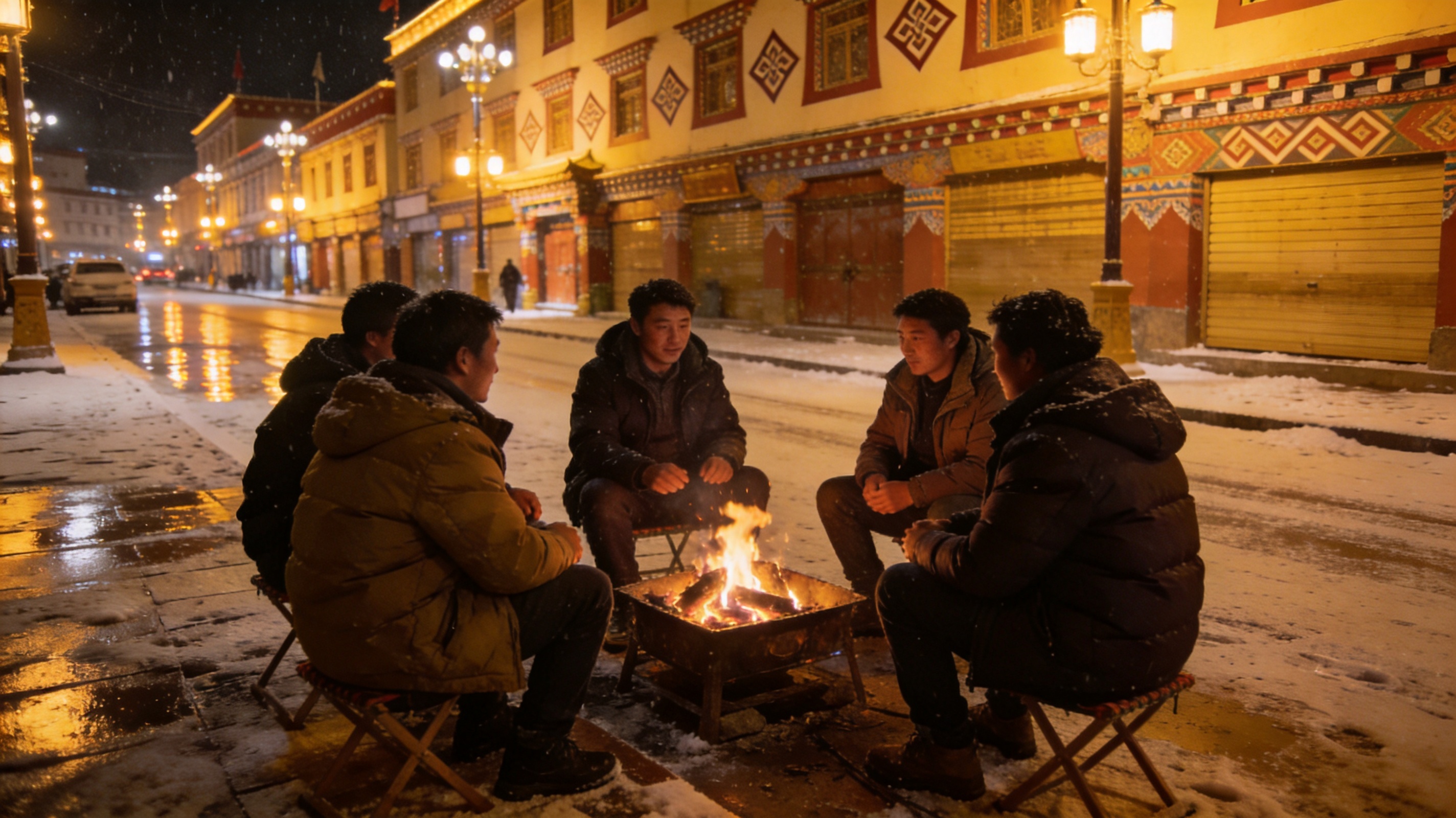 冬季甘孜县城夜景，暖黄灯光映在街道与藏式建筑上，行人围炉聊天，纪实温暖氛围