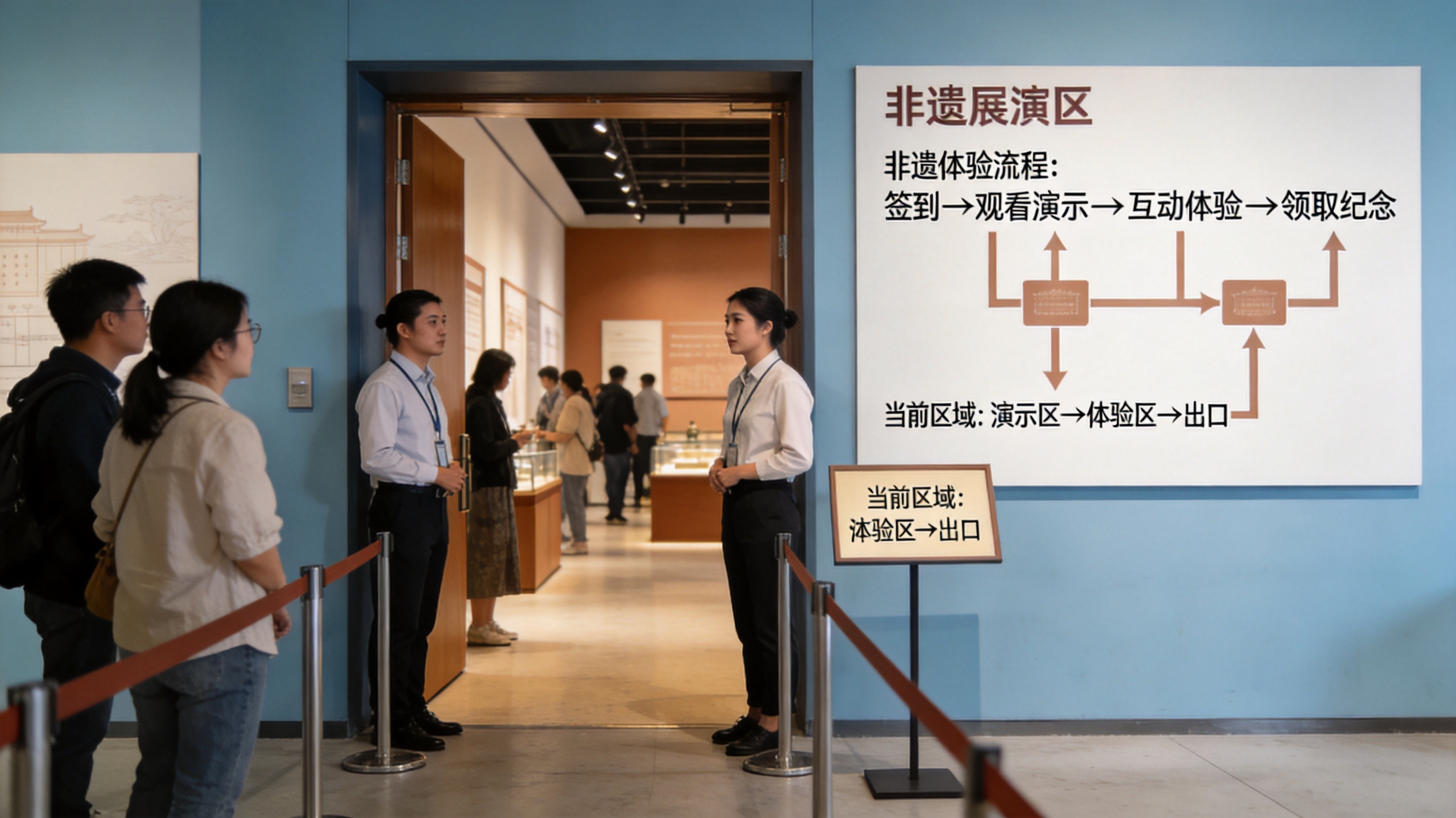 非遗展演区的流程看板与动线指引清晰，工作人员引导分批体验，现代展陈设计与干净冷暖对比的氛围