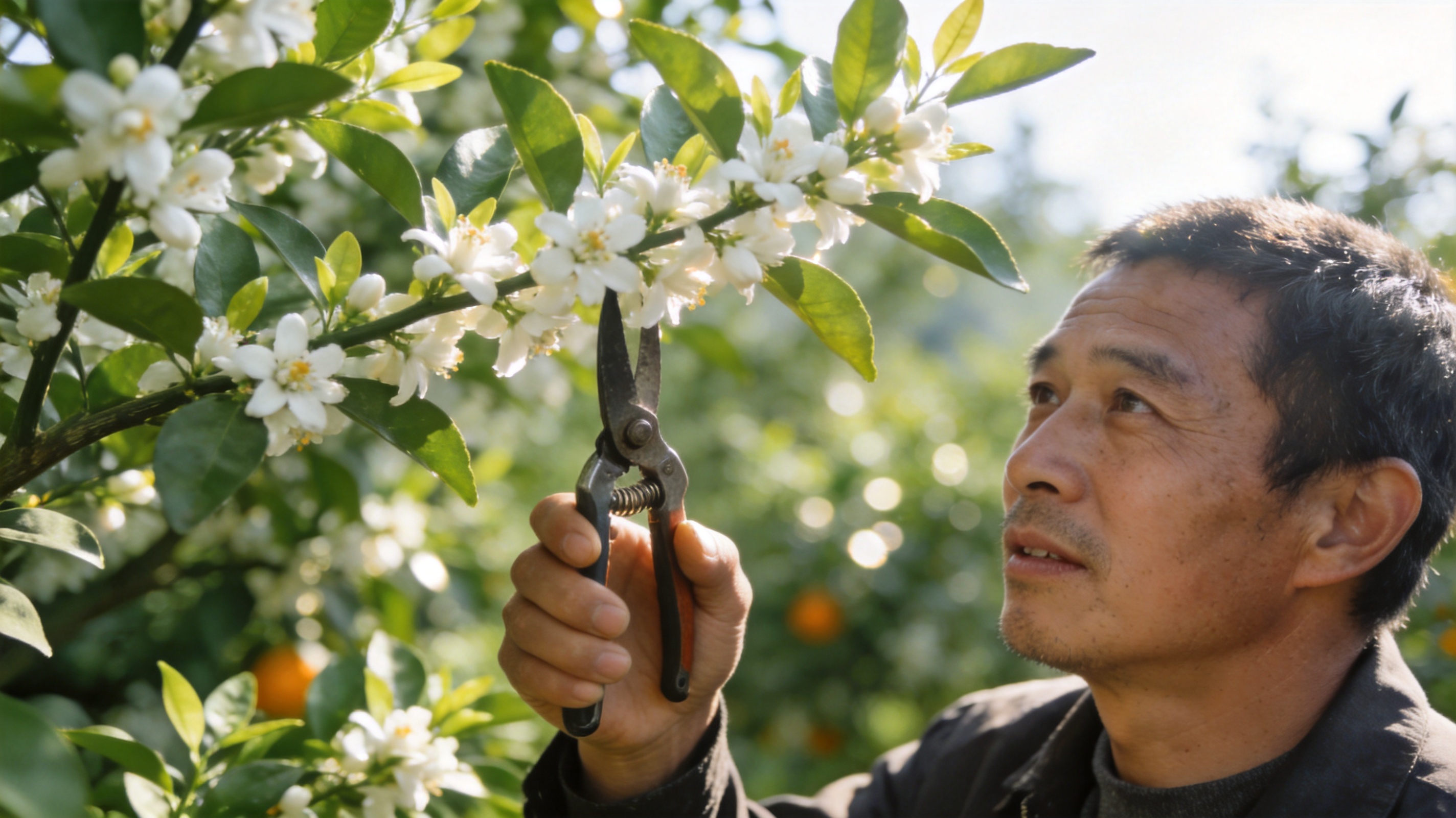 冰糖橙花期果园近景,枝条带白花与嫩叶,农户手持剪枝剪在观察,清新自然风