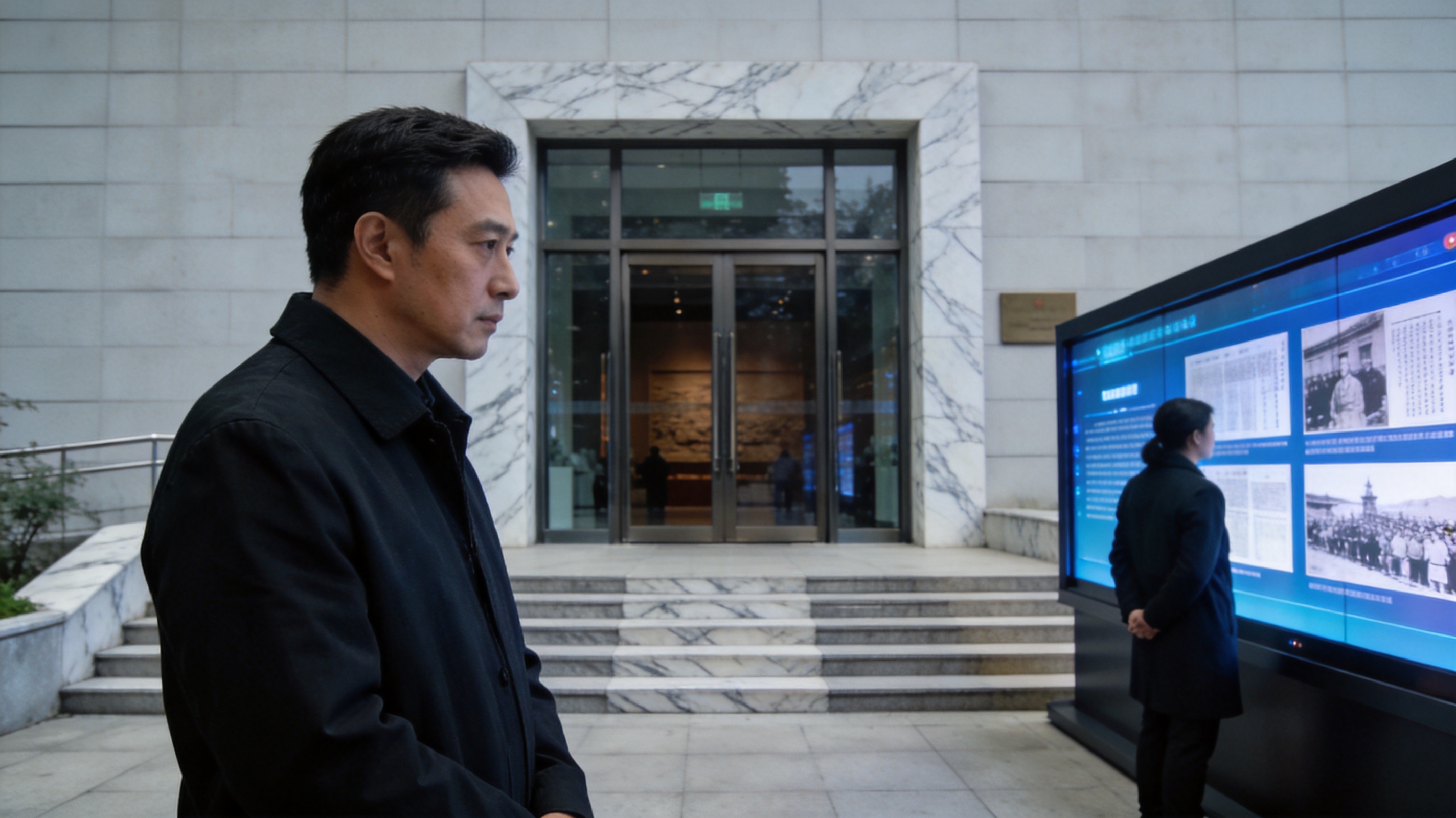 纪念馆入口与数字展陈屏幕同框的写实画面,人物低调肃穆,冷静纪实风格氛围
