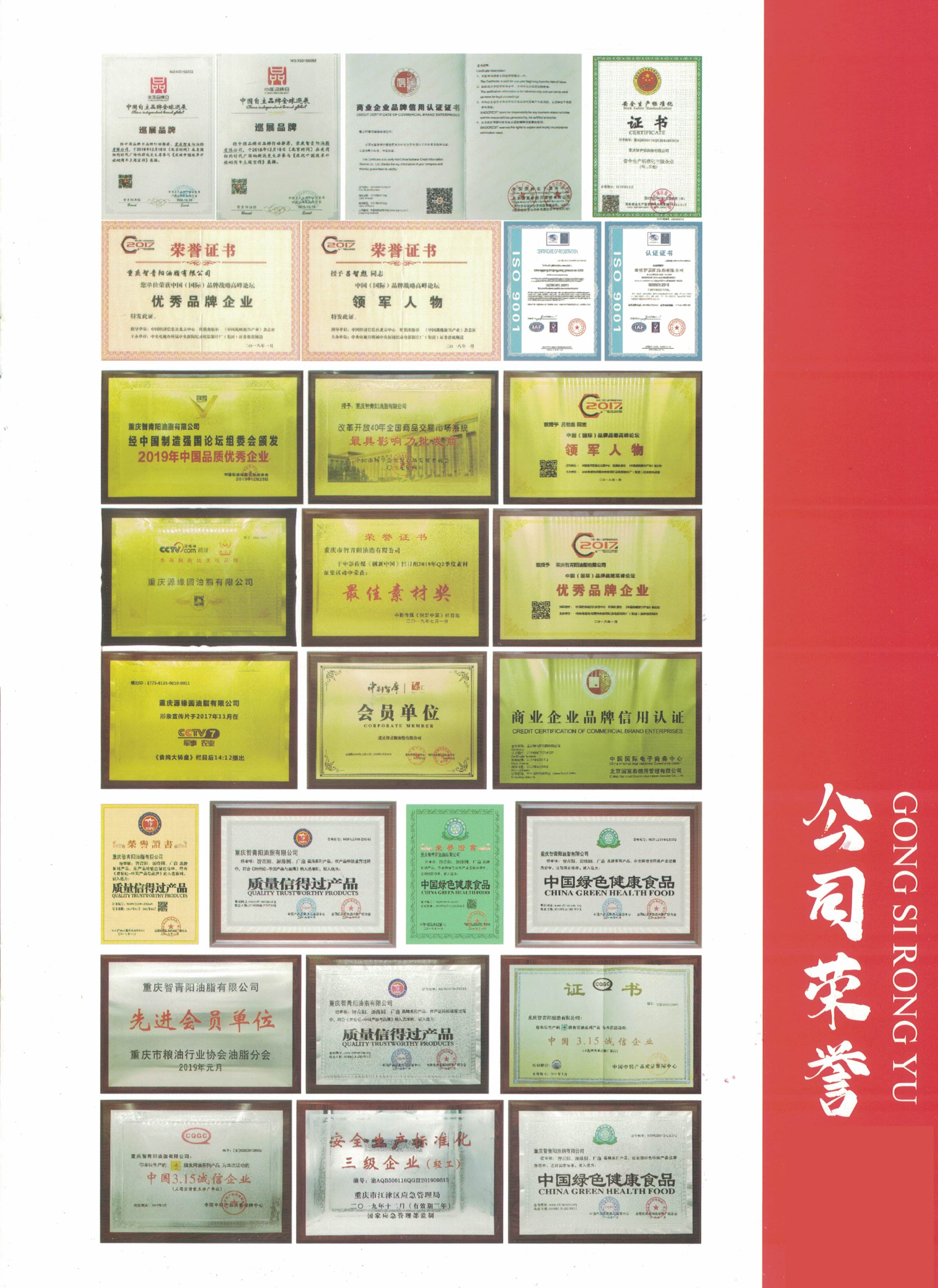 重庆智青阳油脂有限公司-公司荣誉