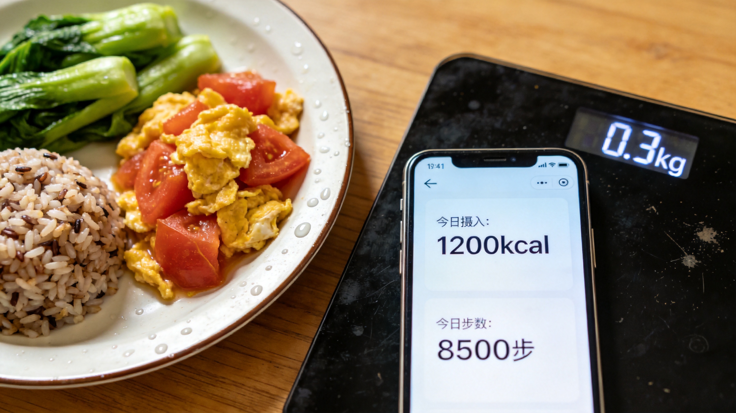 手机界面记录饮食与步数数据,旁边放着简易家常餐盘与食材秤,纪实摄影风格生活化