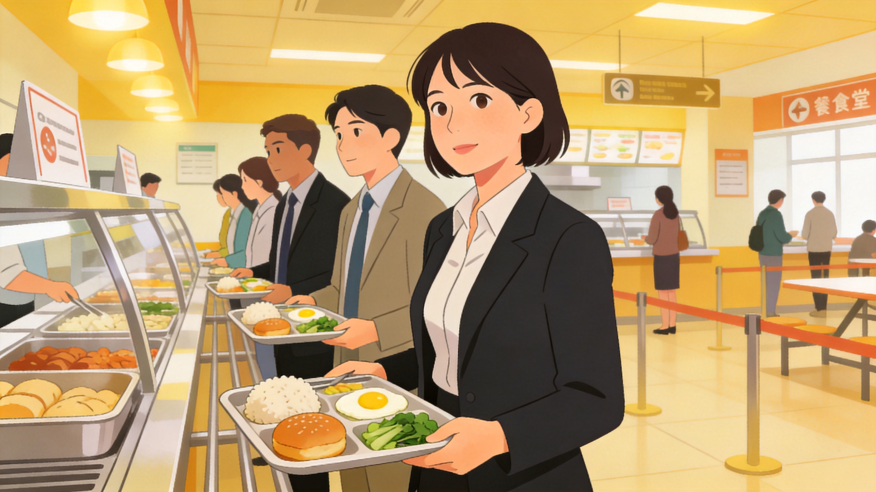 办公人群在食堂排队取餐,餐盘里按比例摆放主食蛋白蔬菜,画面简洁明快的写实插画风