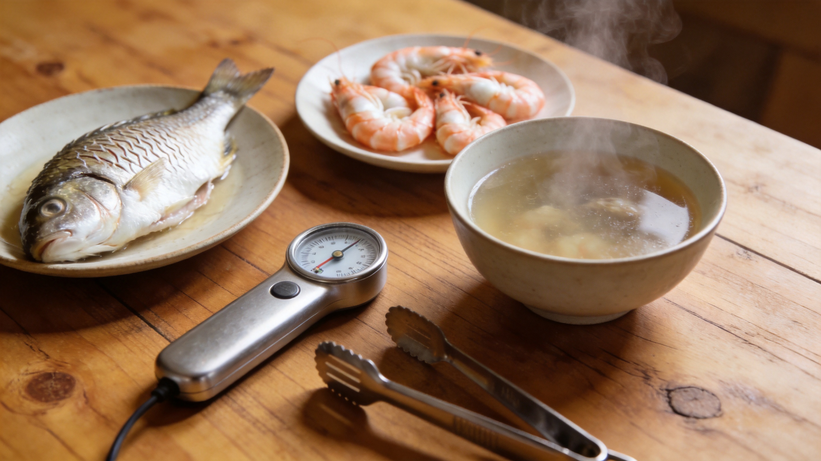餐桌上呈现清淡熟食与一碗汤、旁边有温度计和分餐夹,生活方式摄影风,氛围温暖安心