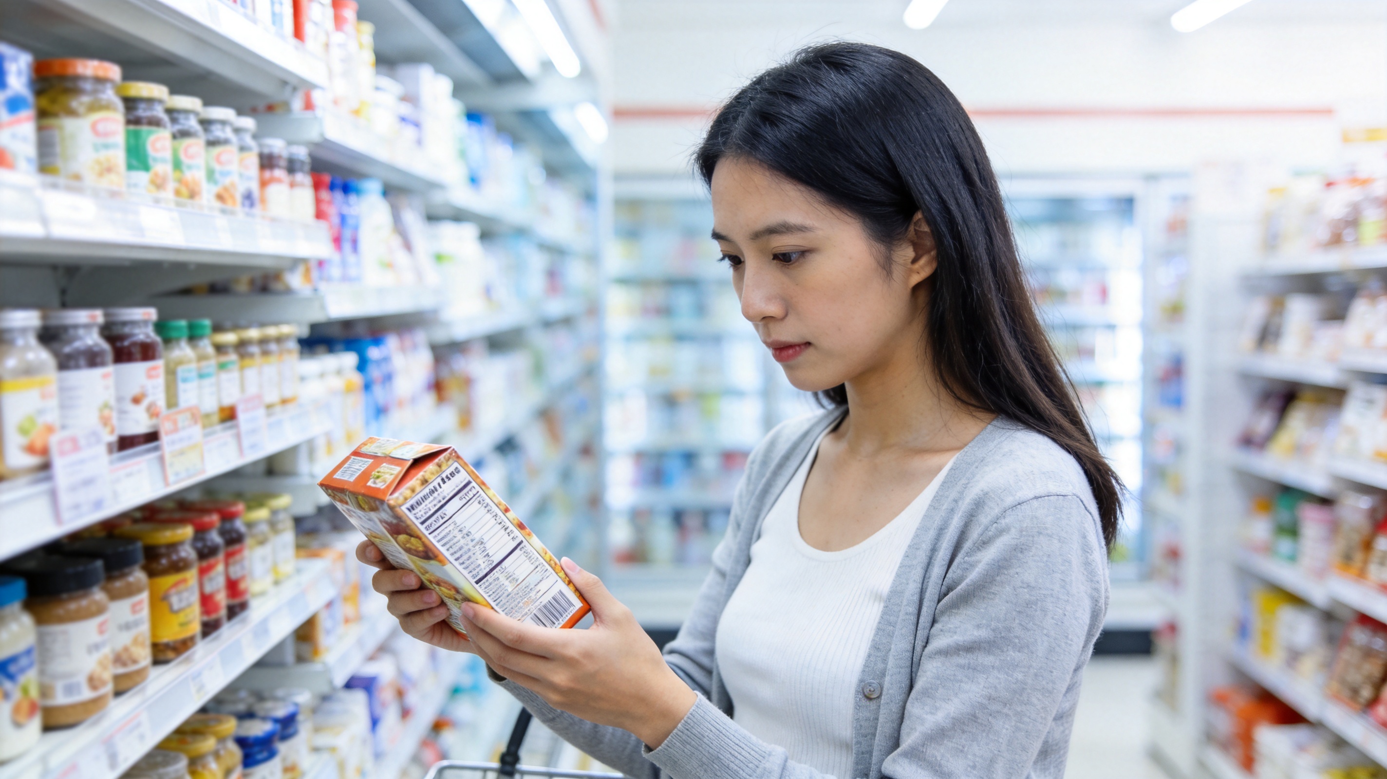 超市货架前一位消费者手拿包装食品对照营养成分表阅读,写实摄影风,光线明亮氛围理性