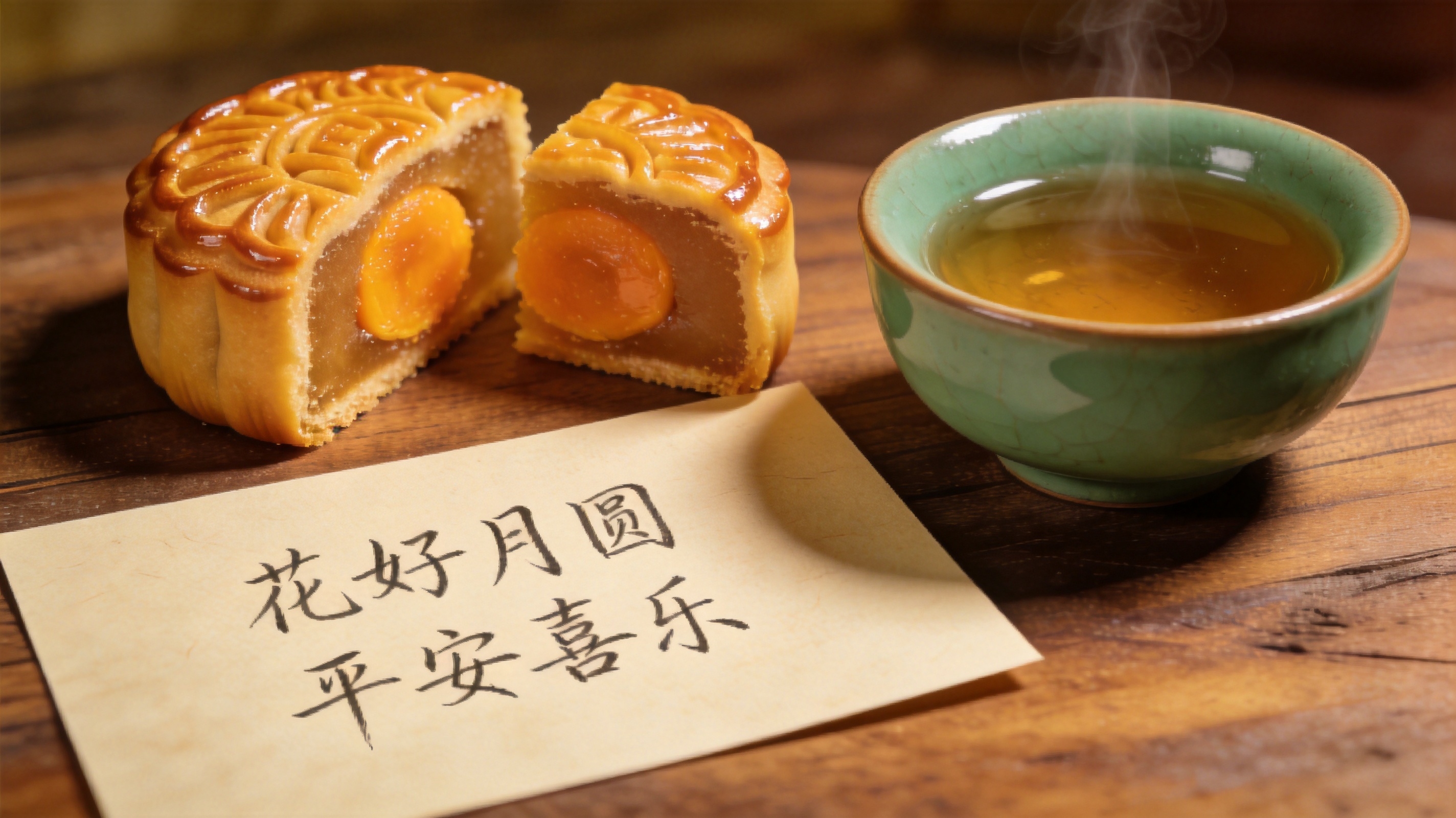 木桌上摆放切开的广式月饼与茶盏,旁有手写祝福卡片,中式写实静物摄影风,氛围温暖克制