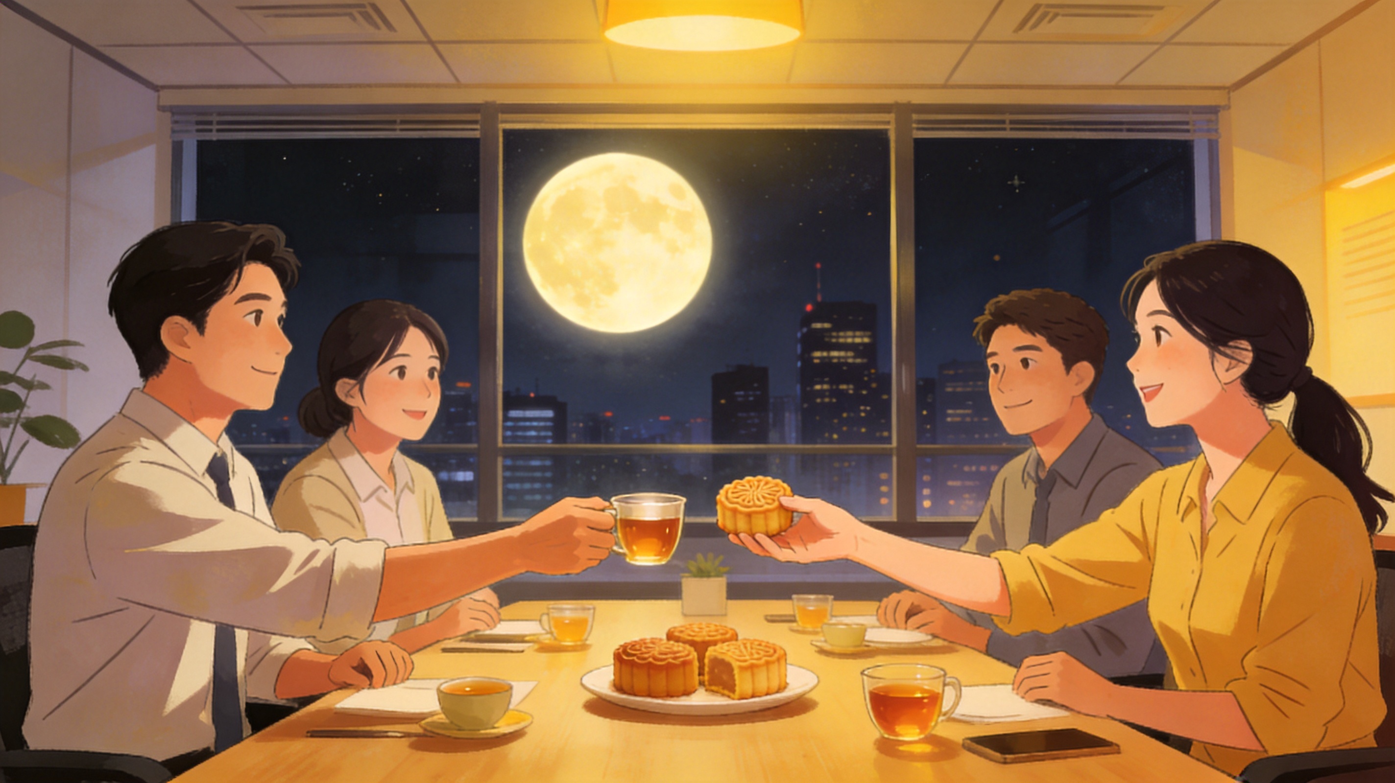 现代办公室里团队围坐分享月饼与茶,窗外城市夜景与圆月同框,纪实插画风,氛围轻松团聚