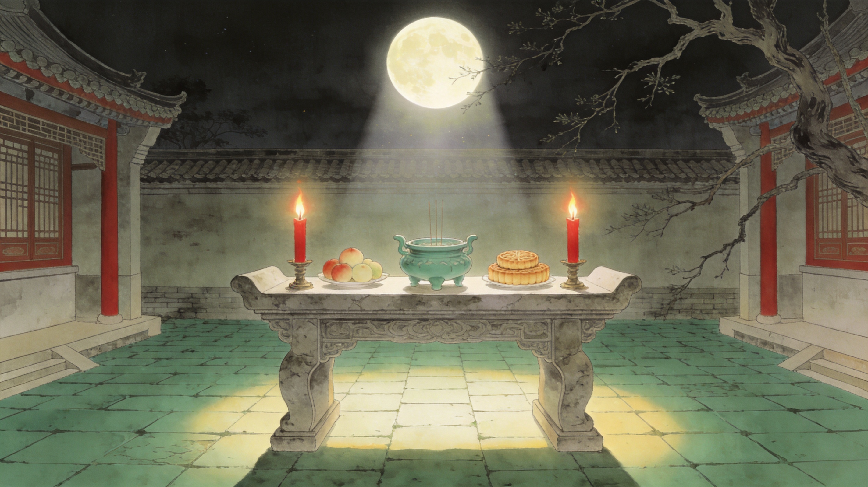 古代庭院中设香案祭月的场景,烛火与月光交映,国风工笔插画质感,氛围庄重宁静