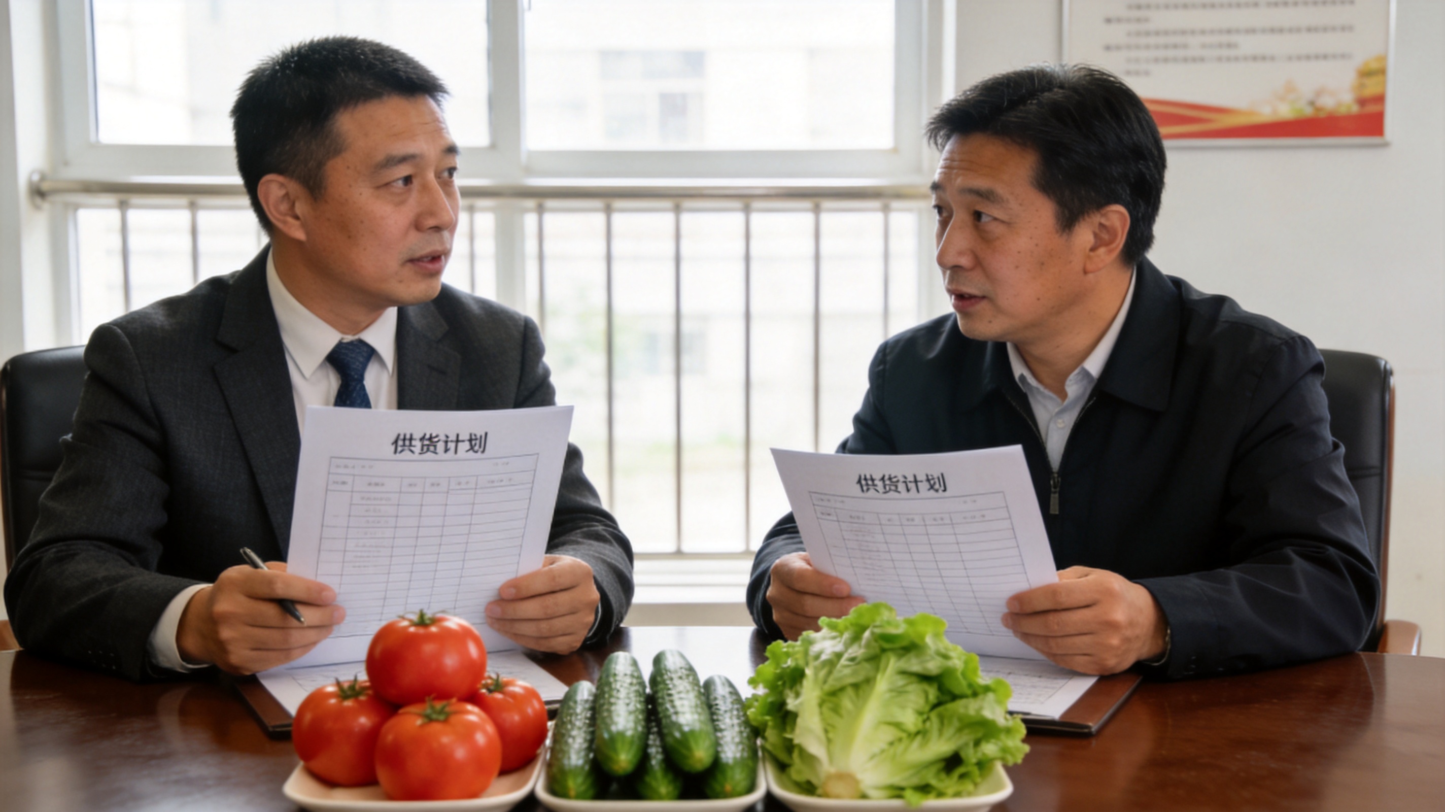 合作社负责人在会议室与餐饮采购对接供货计划,桌上摆放样品蔬菜,商务纪实风格,氛围真诚