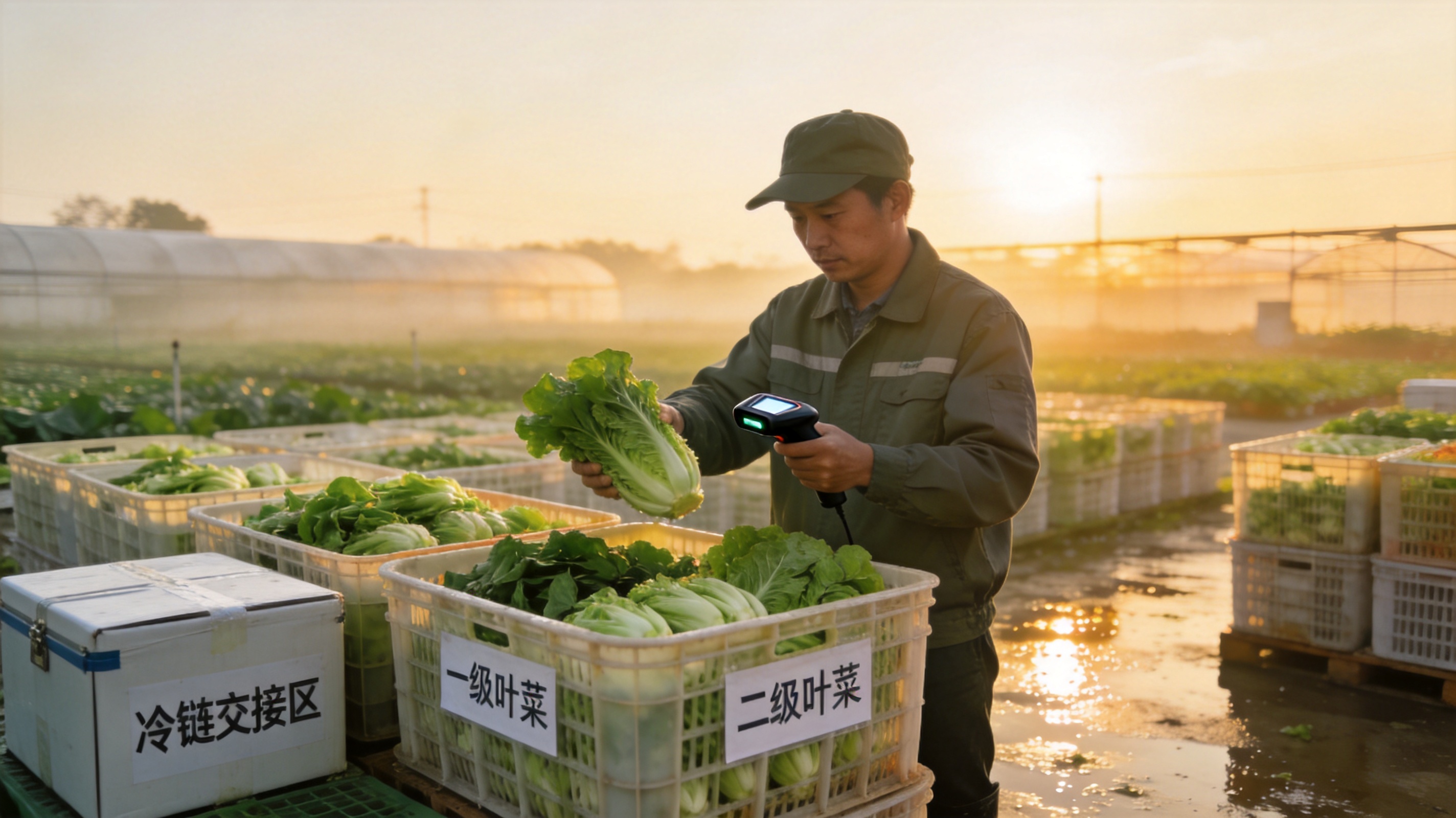 清晨蔬菜基地里工人采收叶菜并扫码装筐,写实摄影风格,光线干净温暖,体现标准化分级与冷链交接