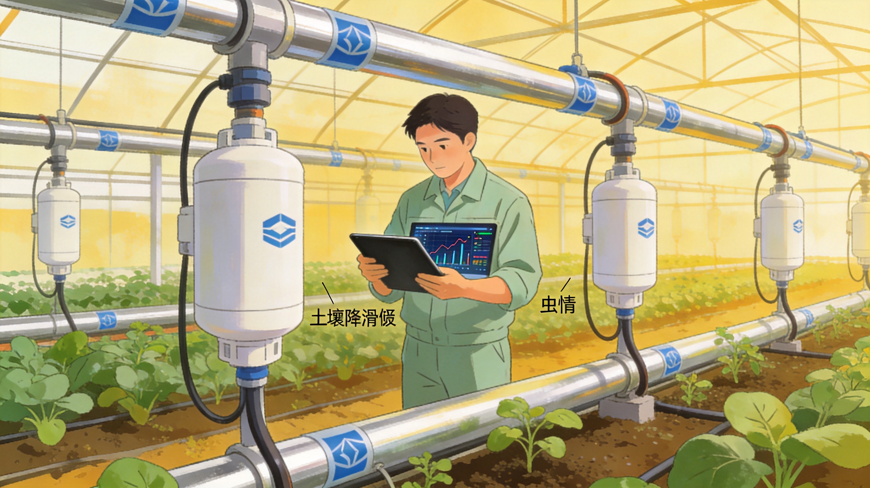 温室里传感器与滴灌管线清晰可见,农技员用平板查看土壤墒情和虫情数据,写实插画风格,科技感但不冰冷