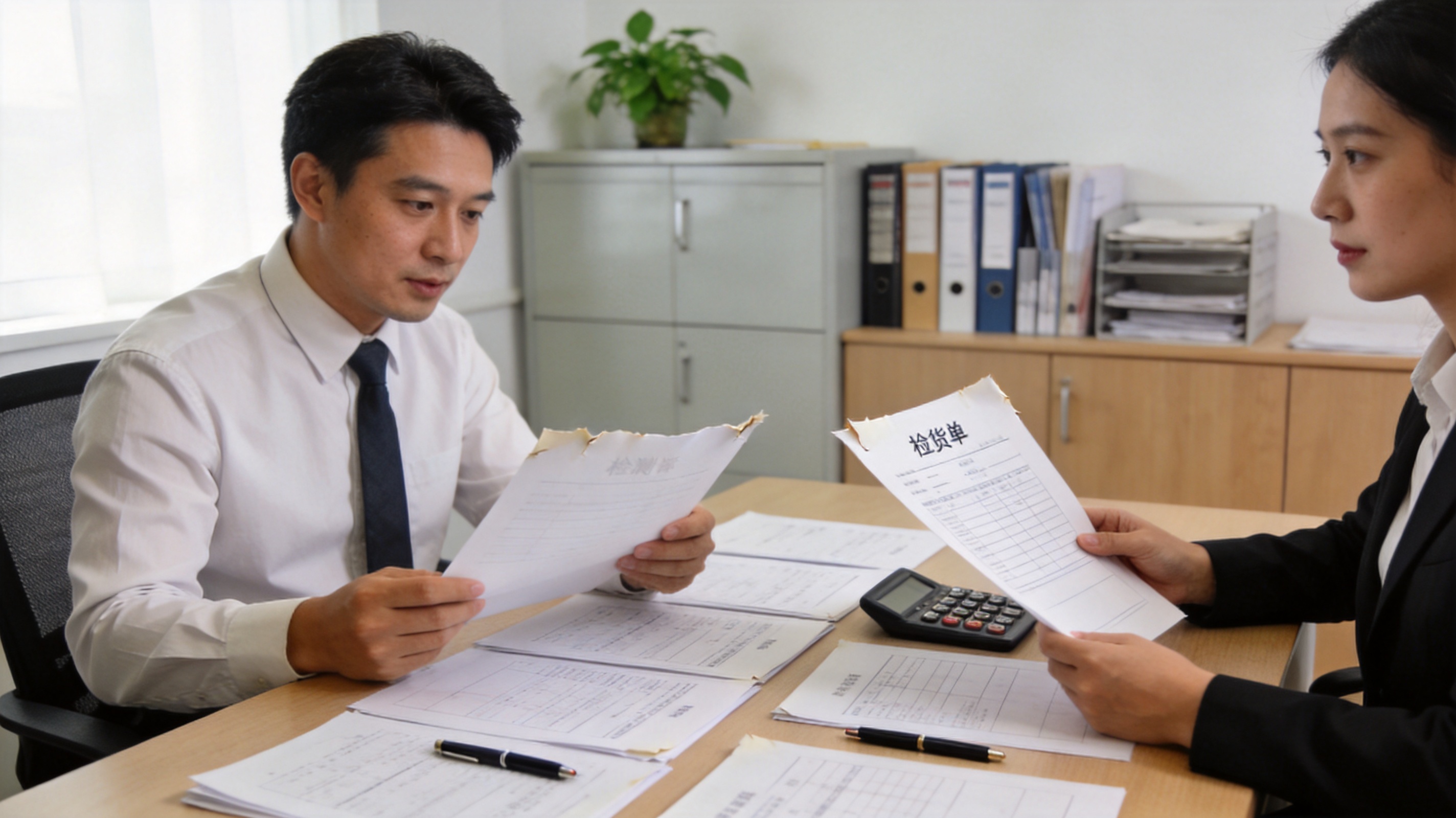 B2B采购与批发商在办公室对账沟通的场景,桌上有检测报告与送货单,氛围专业可信