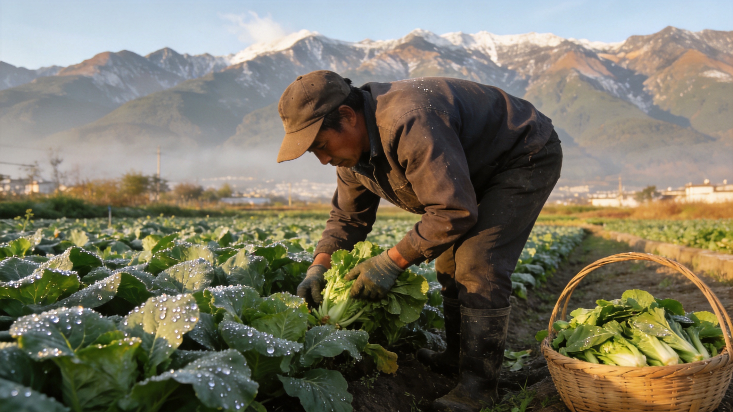 清晨的大理高原菜地与远处苍山同框,工人采收叶菜,纪实摄影风格,光线清透温暖
