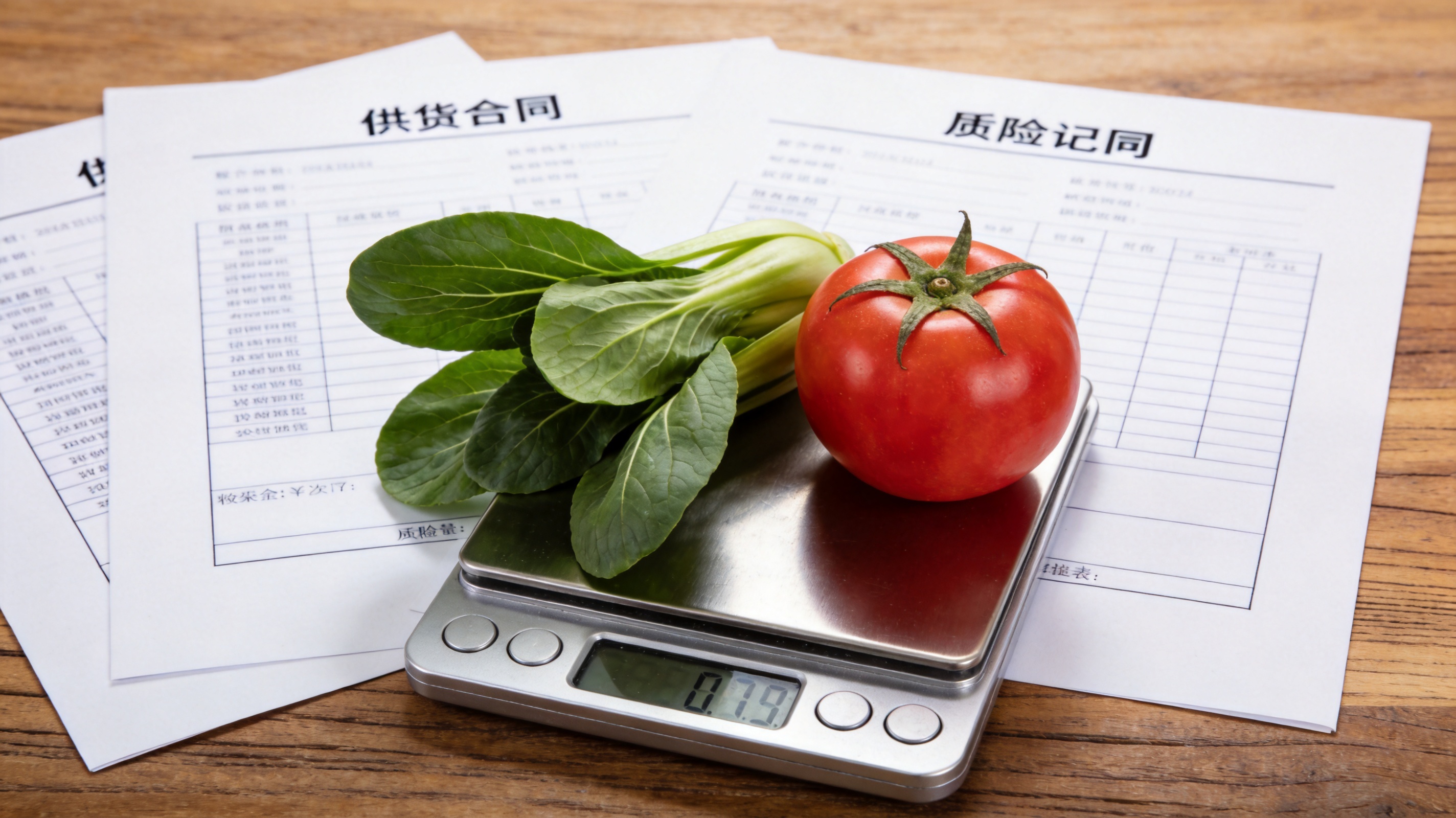 办公桌上摊开供货合同与质检记录表，旁边放着新鲜蔬菜样品与电子秤，商务写实风格，氛围可靠严谨