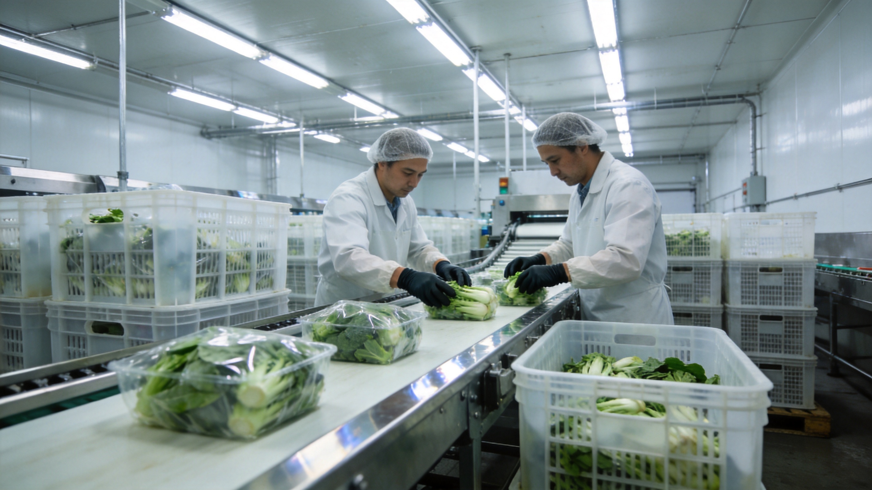冷链分拣车间内工人戴手套分级打包蔬菜，传送带与周转筐整齐排列，写实风格，灯光明亮有秩序