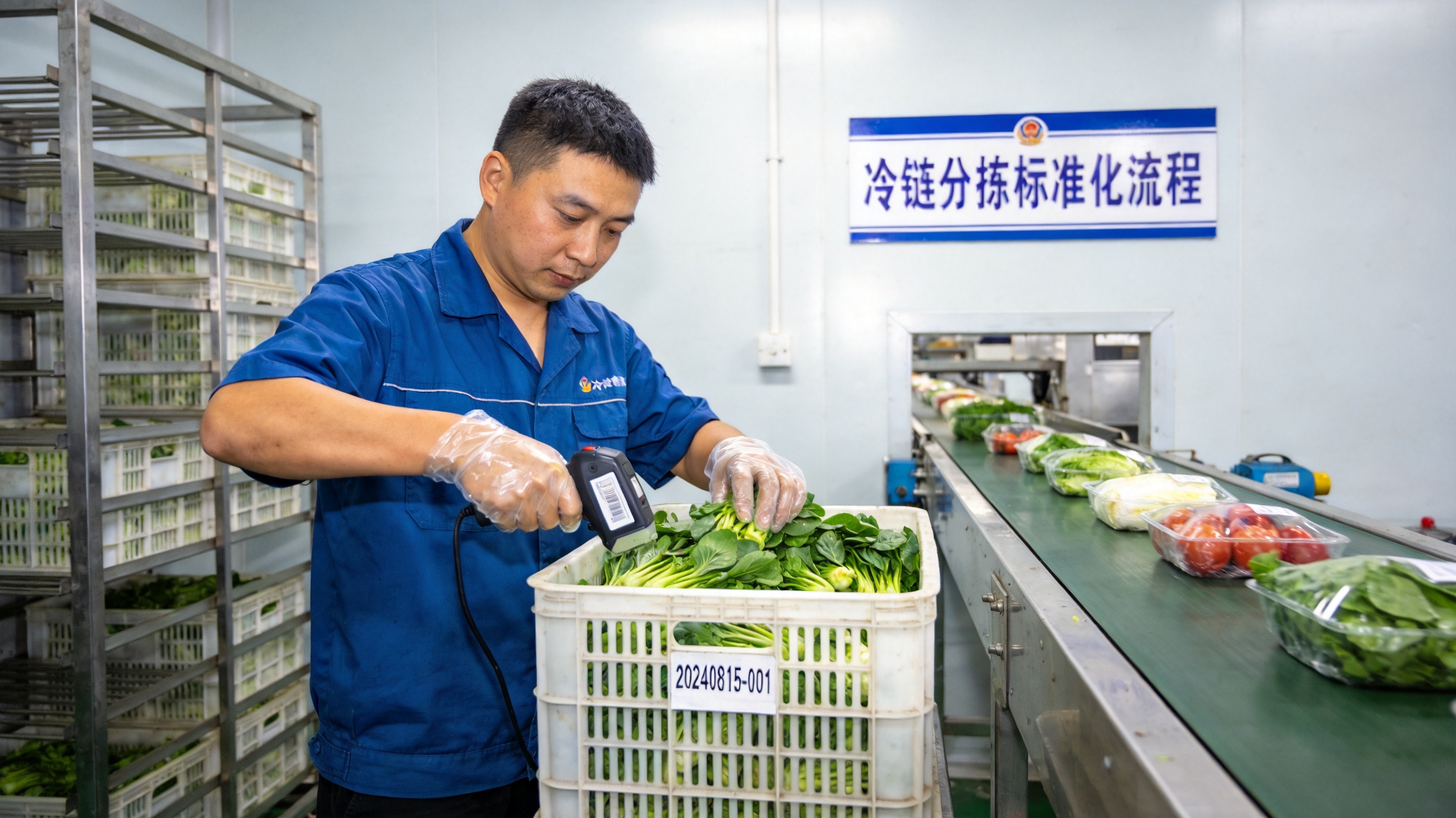 冷链分拣中心内工人戴手套分拣绿叶菜并贴批次标签,工业纪实风格,灯光明亮体现标准化流程
