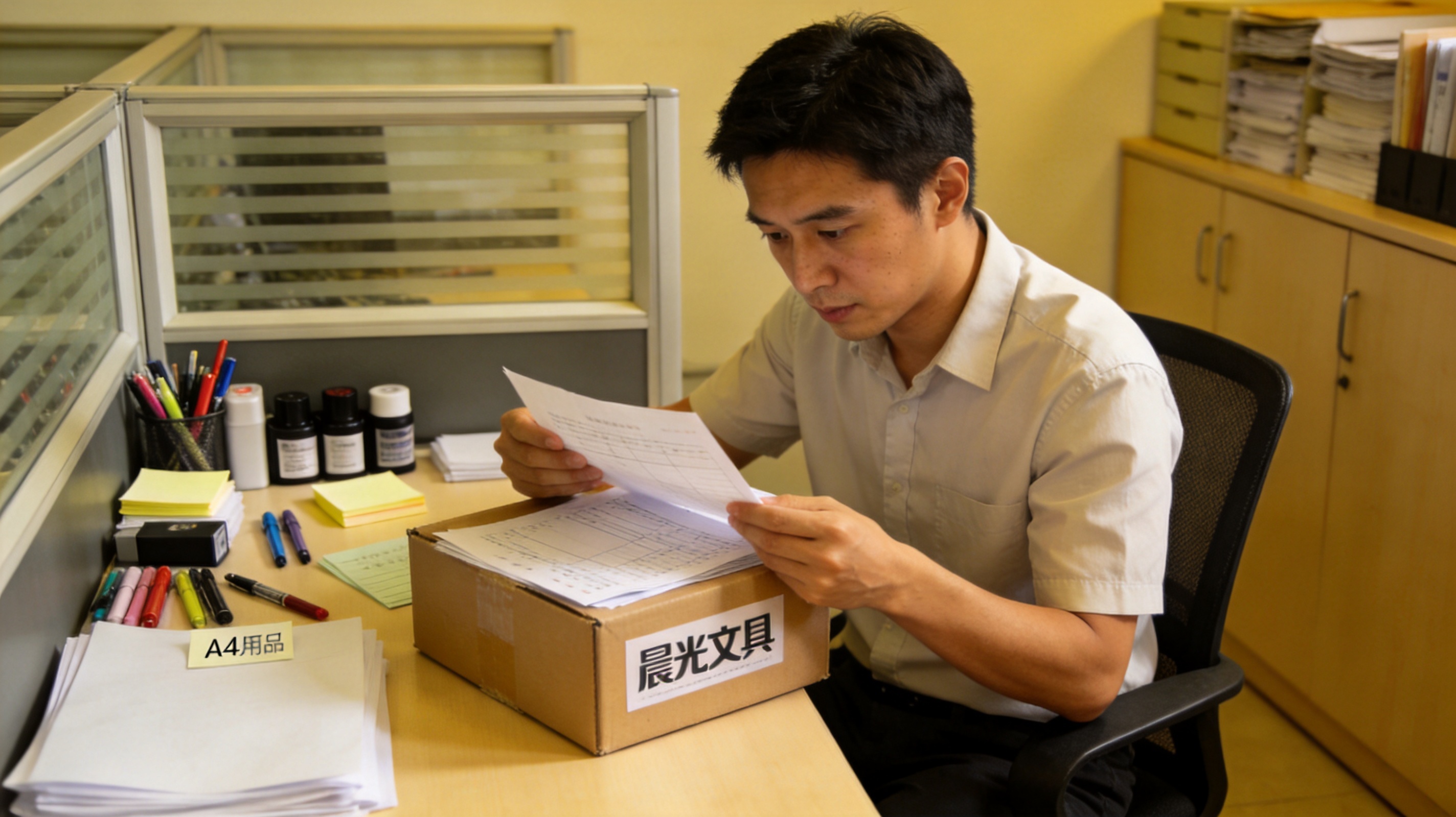 办公室行政人员在工位核对送货单与办公用品箱,桌上有文具与打印耗材,纪实风格,氛围专注有序