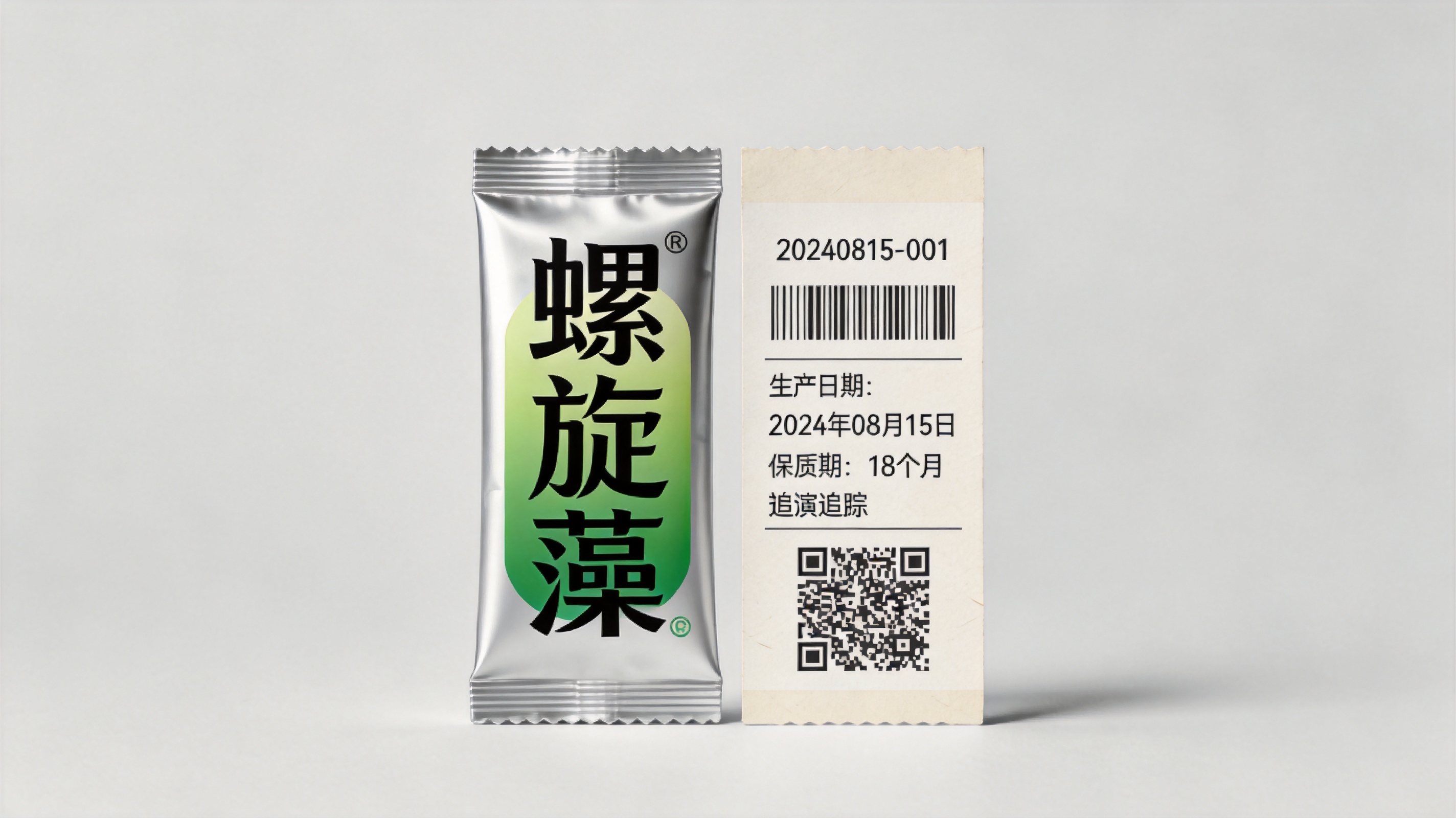 螺旋藻成品包装与批次追溯标签特写,商业摄影写实风格,画面整洁可信氛围