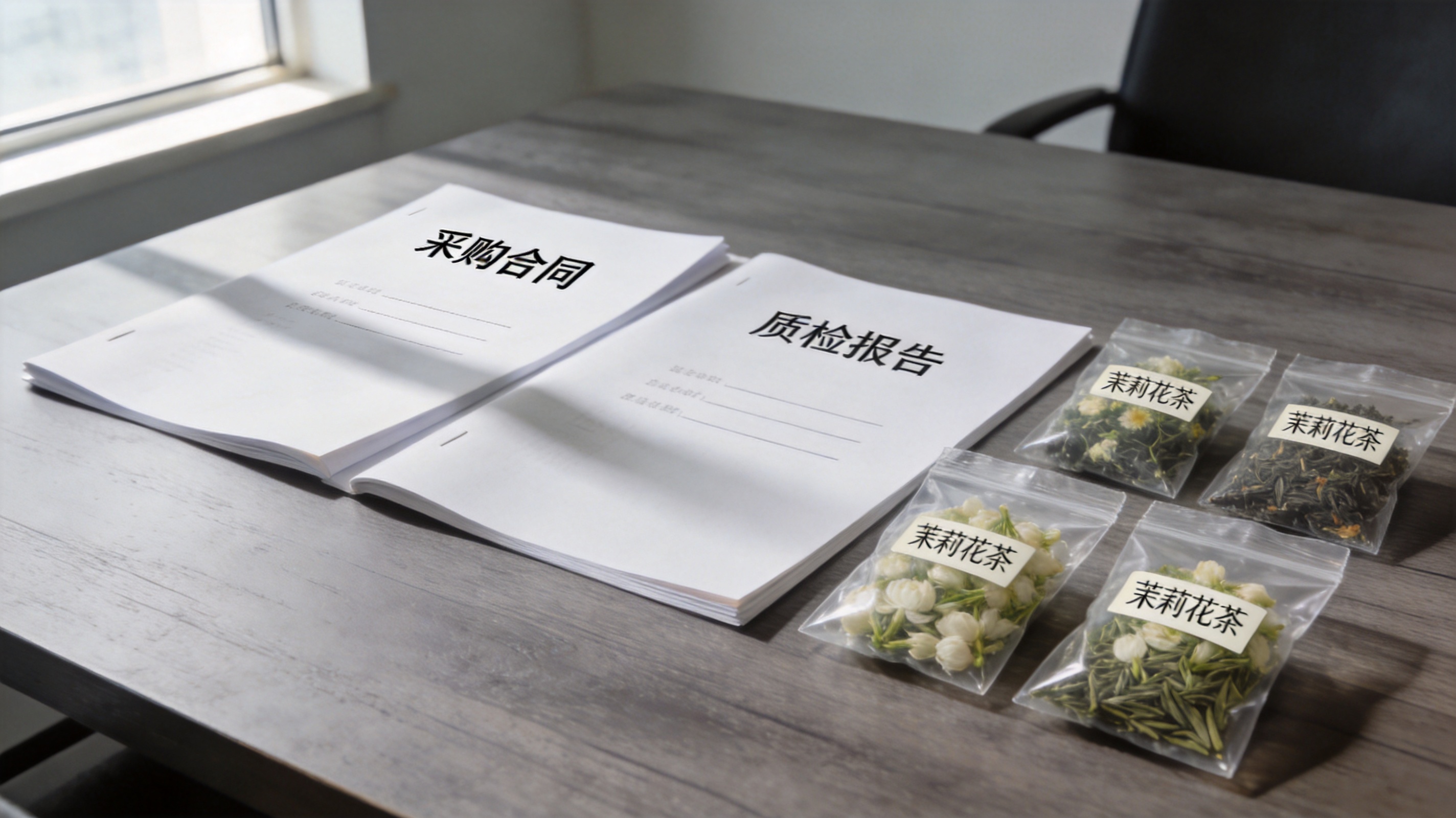 会议桌上摊开采购合同与质检报告,旁边摆放分装好的花茶小样,商务纪实风,冷静可信氛围