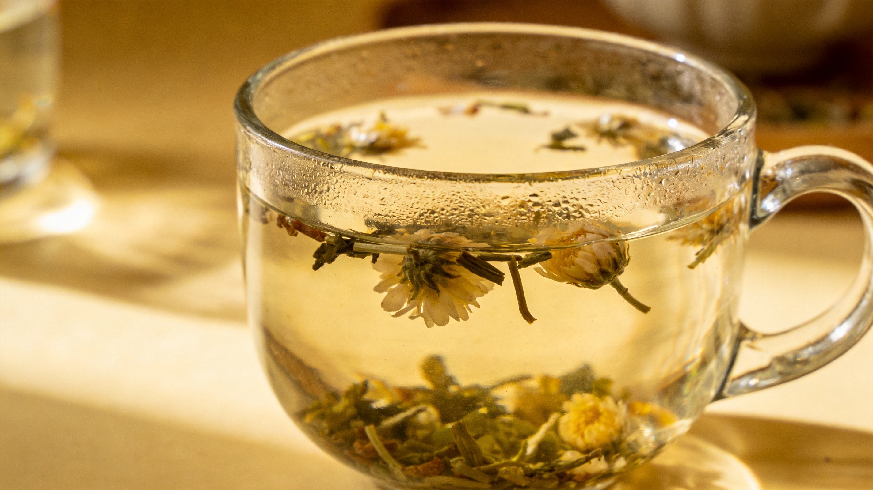 透明玻璃杯冲泡花茶,杯中可见草本片段与淡色茶汤,生活方式摄影风,温暖明亮氛围