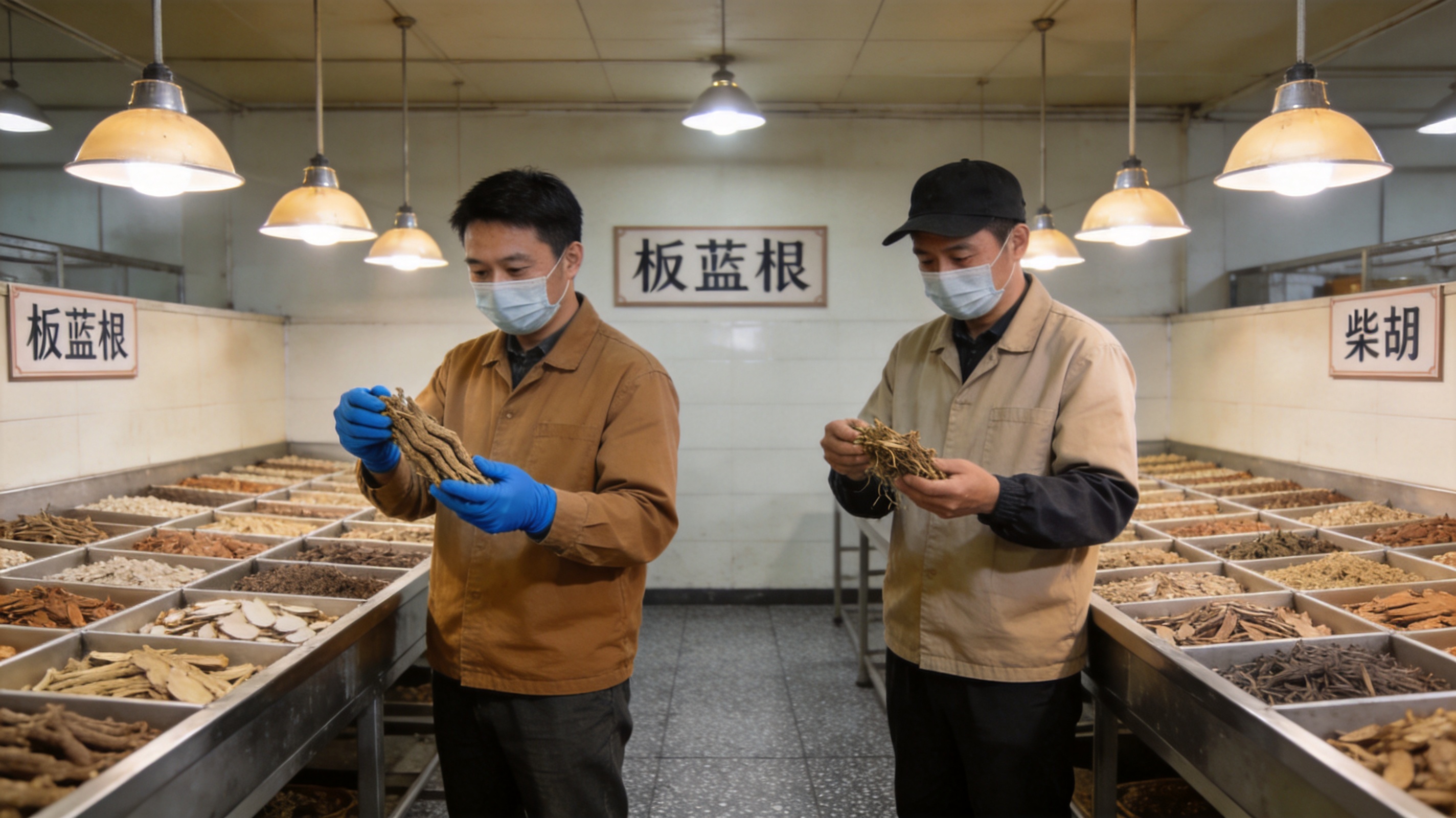 中药材仓储分拣场景,工人正在分拣板蓝根与柴胡,工业写实风,光线干净专业氛围