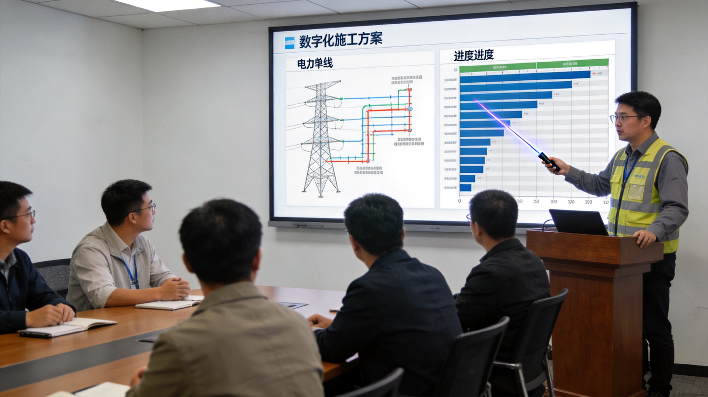 会议室内工程师讲解数字化施工方案,大屏展示电力单线图与进度甘特图,纪实摄影风格,灯光明亮