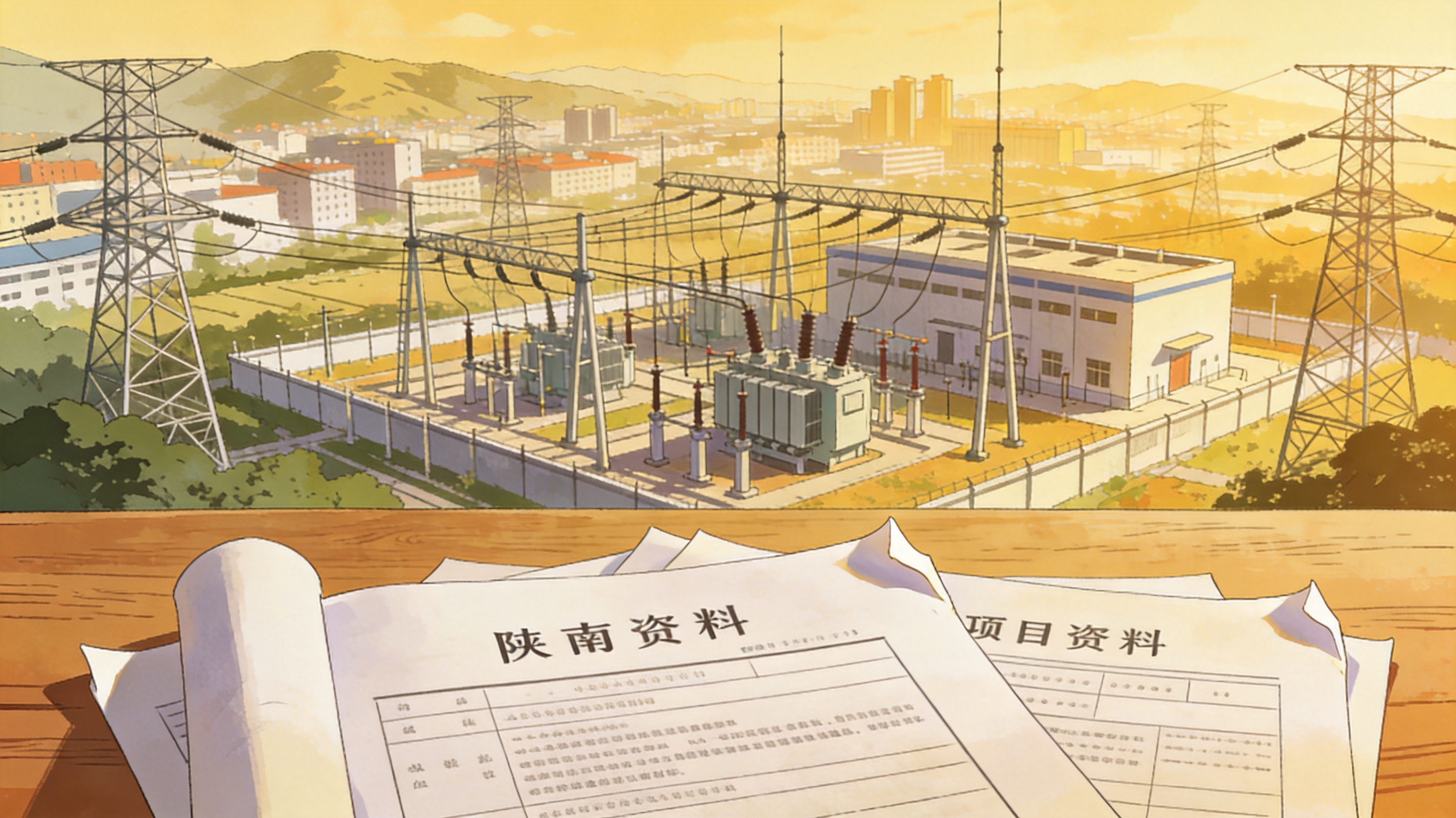 陕南城市配电线路与变电站远景,前景为项目资料与资质文件平铺桌面,写实插画风格,氛围可靠