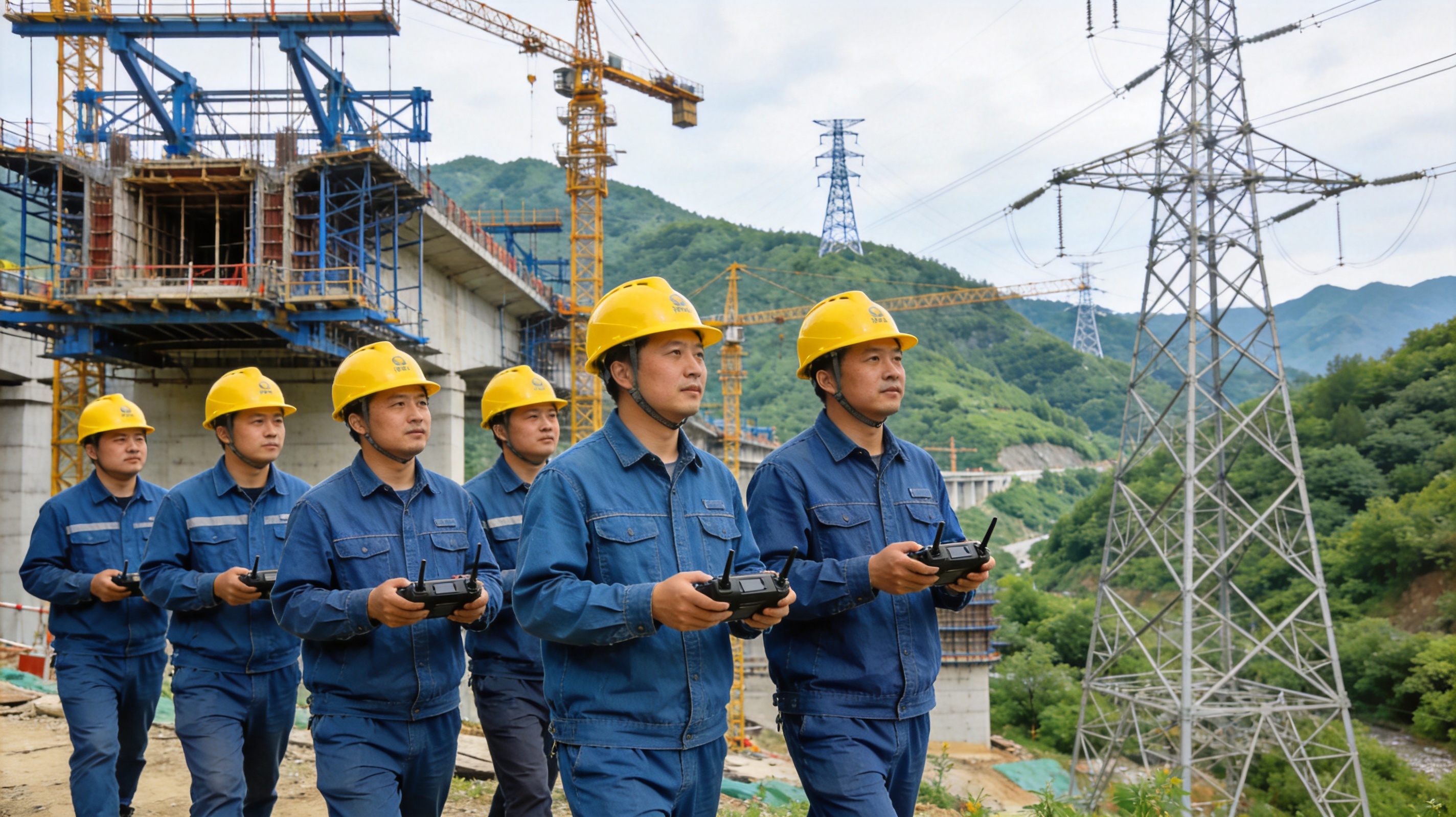 陕南山区背景下的电力与建筑工地同框场景,工人戴**帽巡检,写实风格,氛围专业稳重