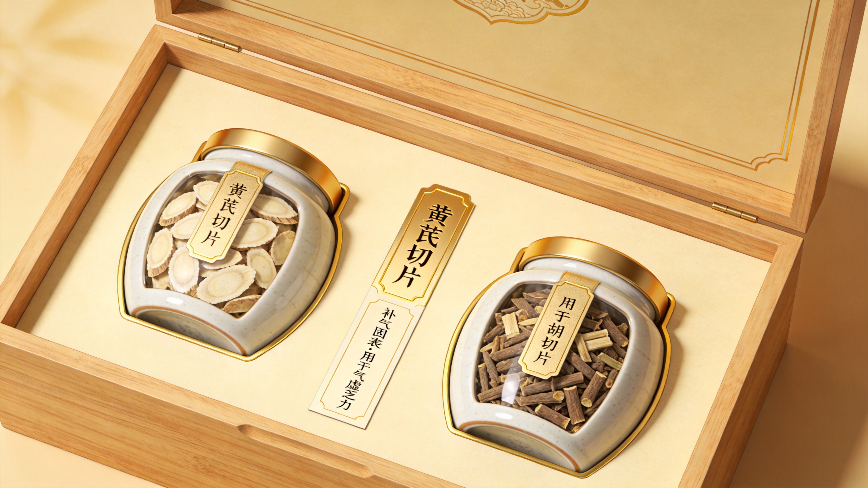 中式简约礼盒打开陈列黄芪与柴胡切片小罐,旁有烫金标签与说明卡,国风写实插画,氛围高级温暖