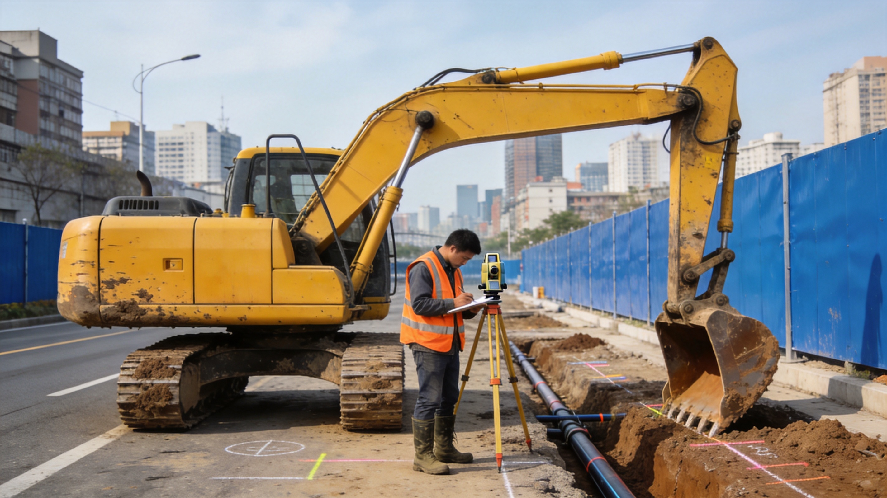 市政道路与管线综合施工场景,挖机与测量员同框,写实风格,城市日间光线清晰