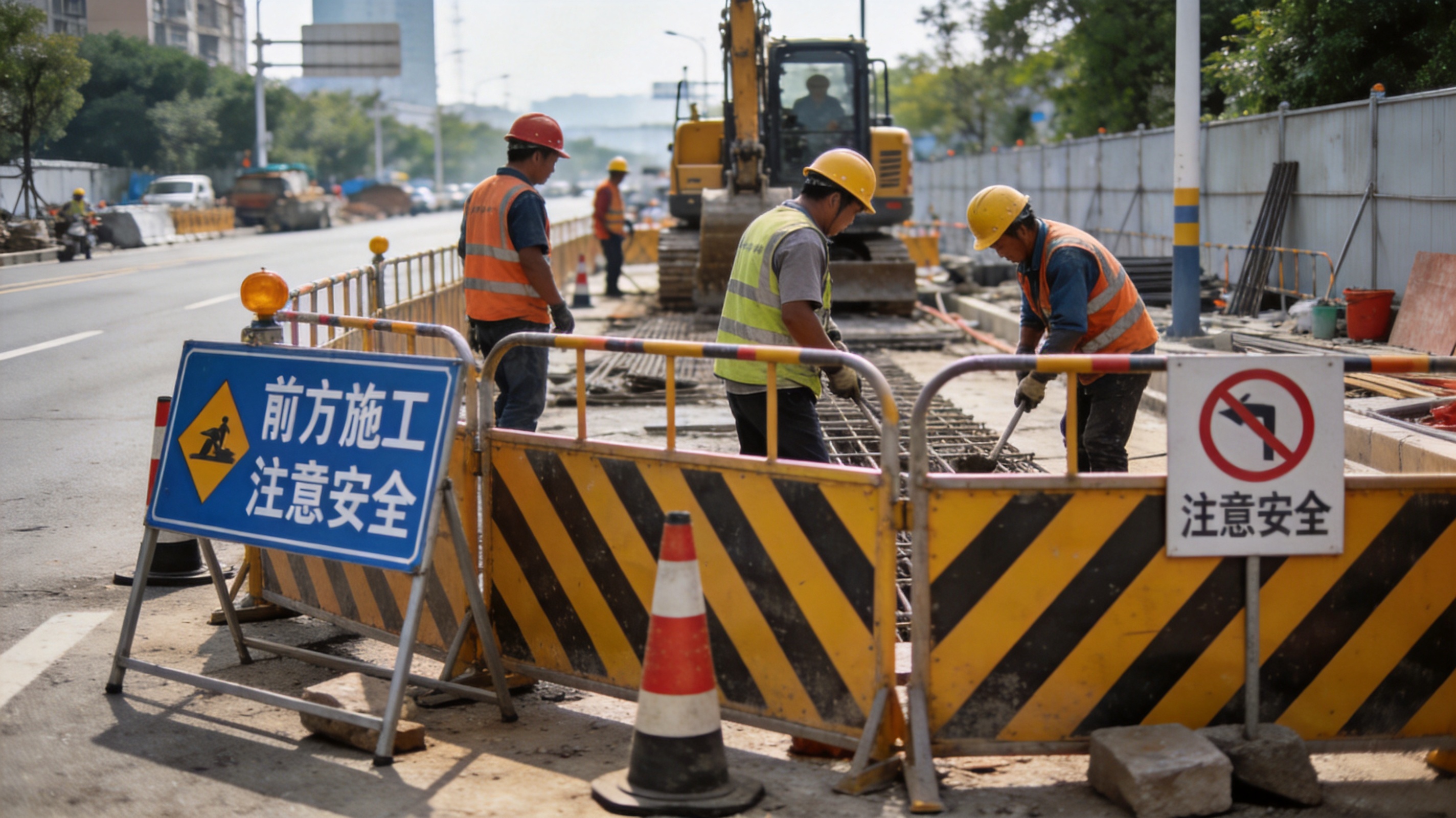 市政道路施工现场有序作业，**围挡与警示标识清晰，写实摄影风，氛围忙而不乱