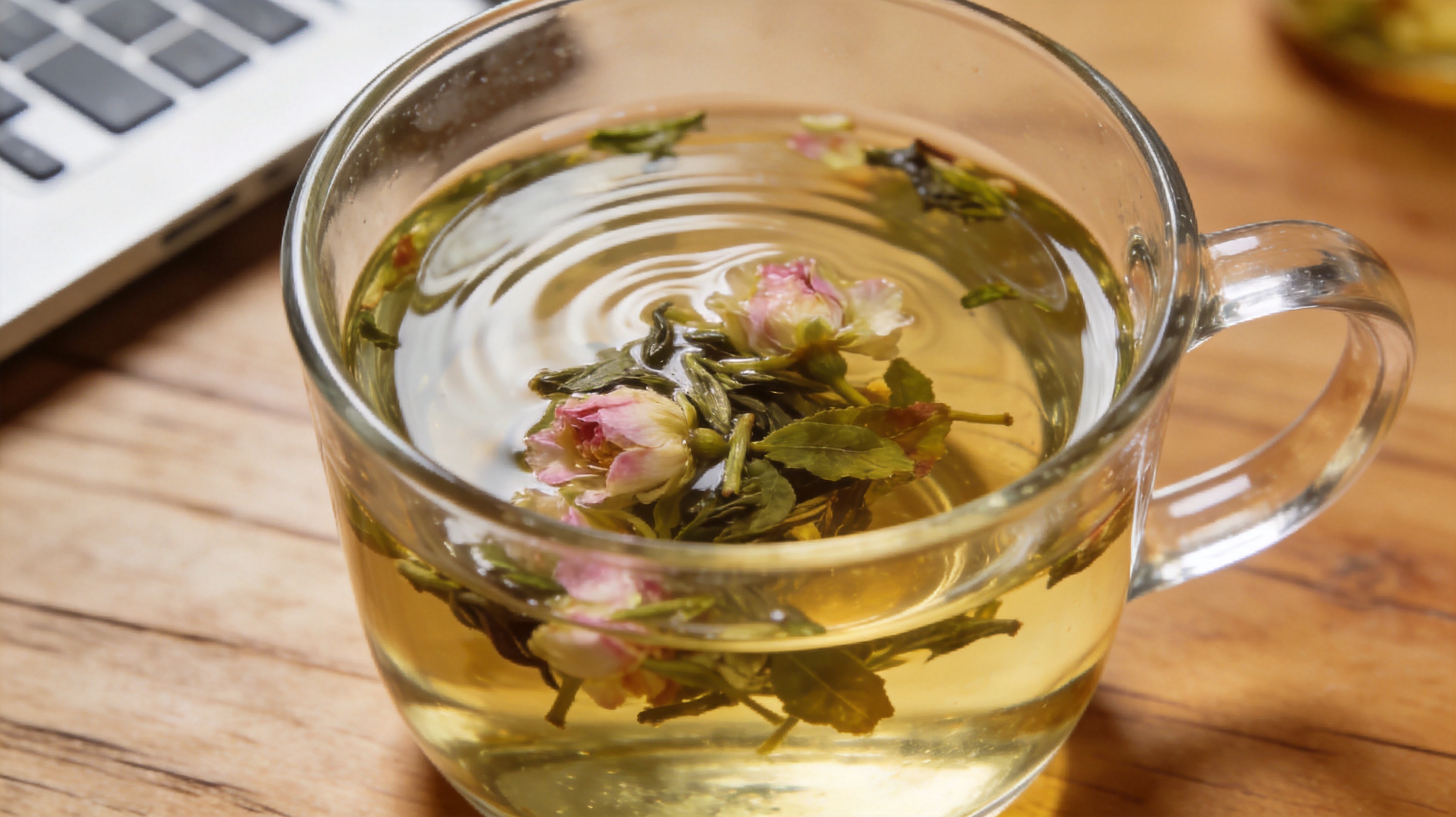 办公桌上摆着透明玻璃杯与花茶茶汤,茶叶花瓣清晰可见,写实摄影风格,光线温暖干净