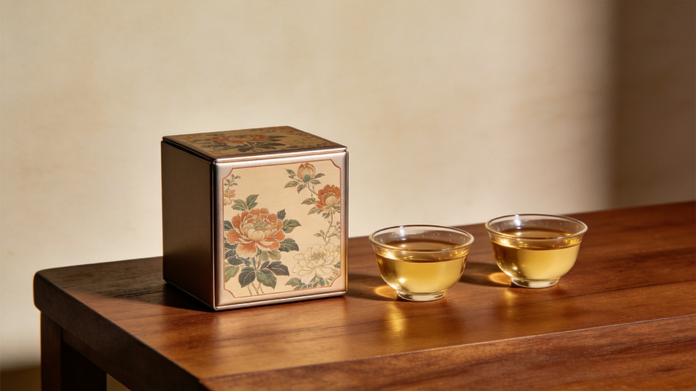 茶桌上摆放花茶礼盒与泡好的茶杯,背景简洁雅致,中式现代风格,氛围沉稳温暖