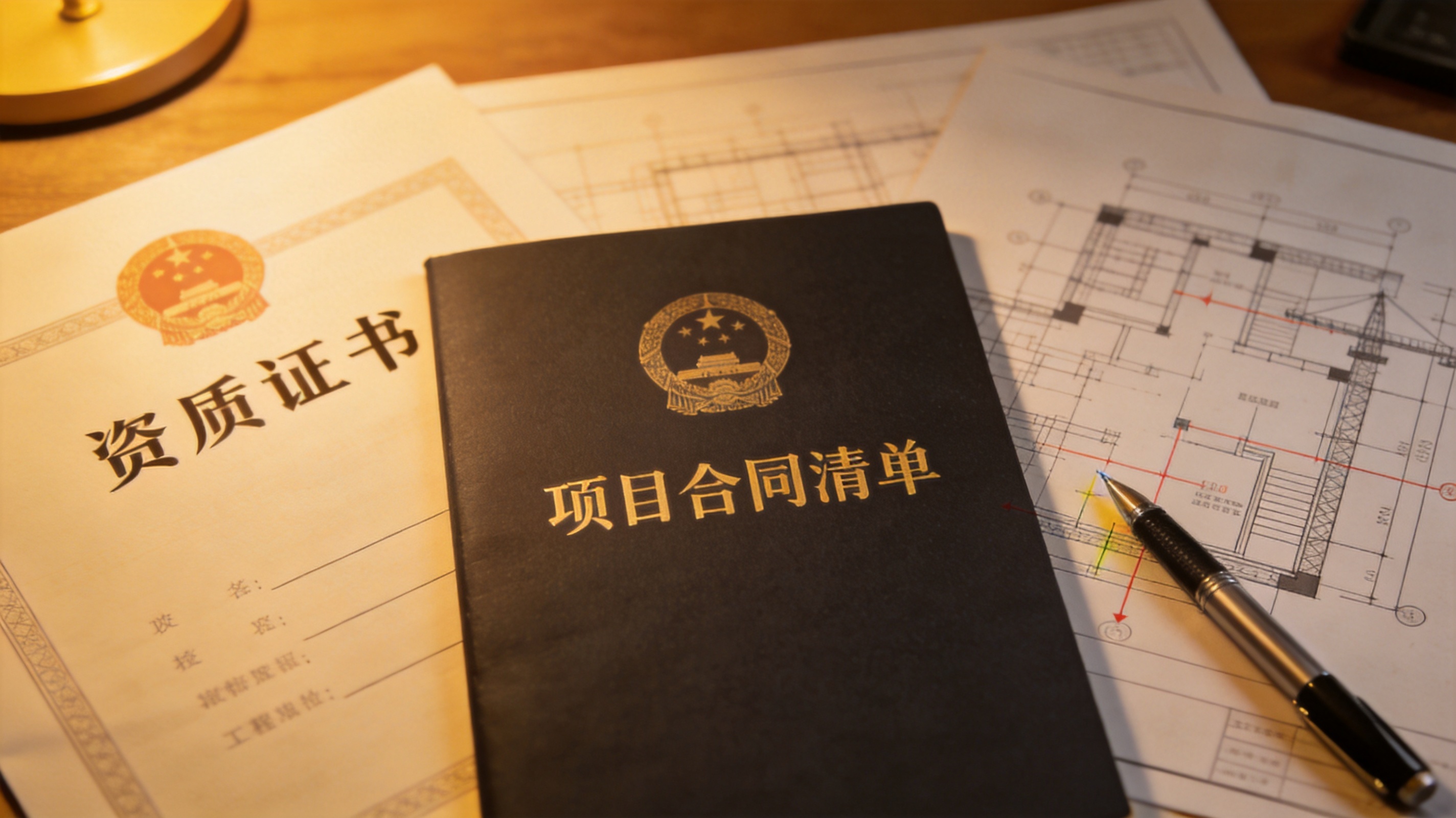 办公桌上摊开资质证书与项目合同清单，旁边有工程图纸与钢笔标注，纪实摄影风，光线温暖
