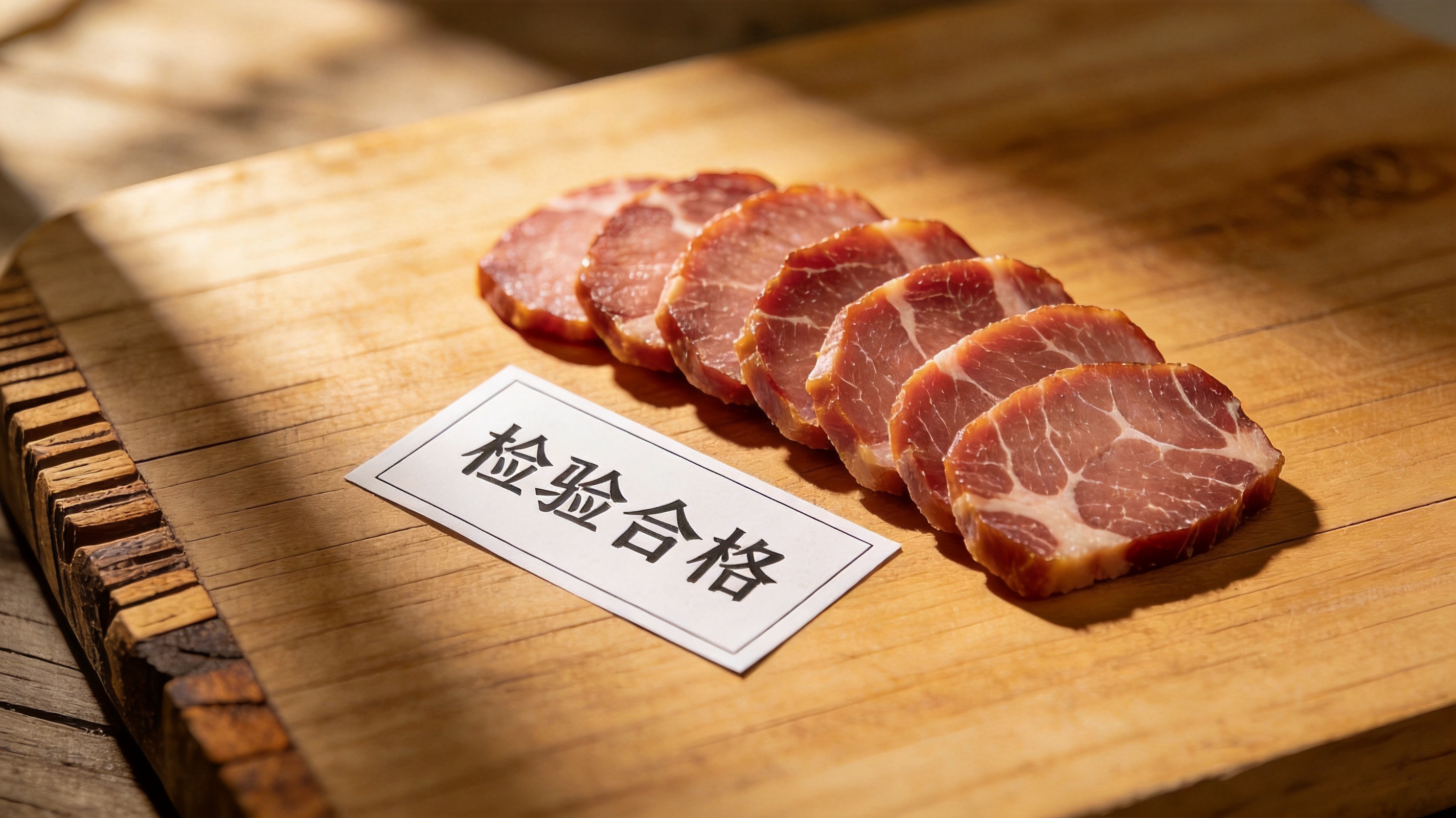 木案板上摆放切片腊肉与检验合格标签的生活方式摄影风画面，暖色光线，氛围安心可信