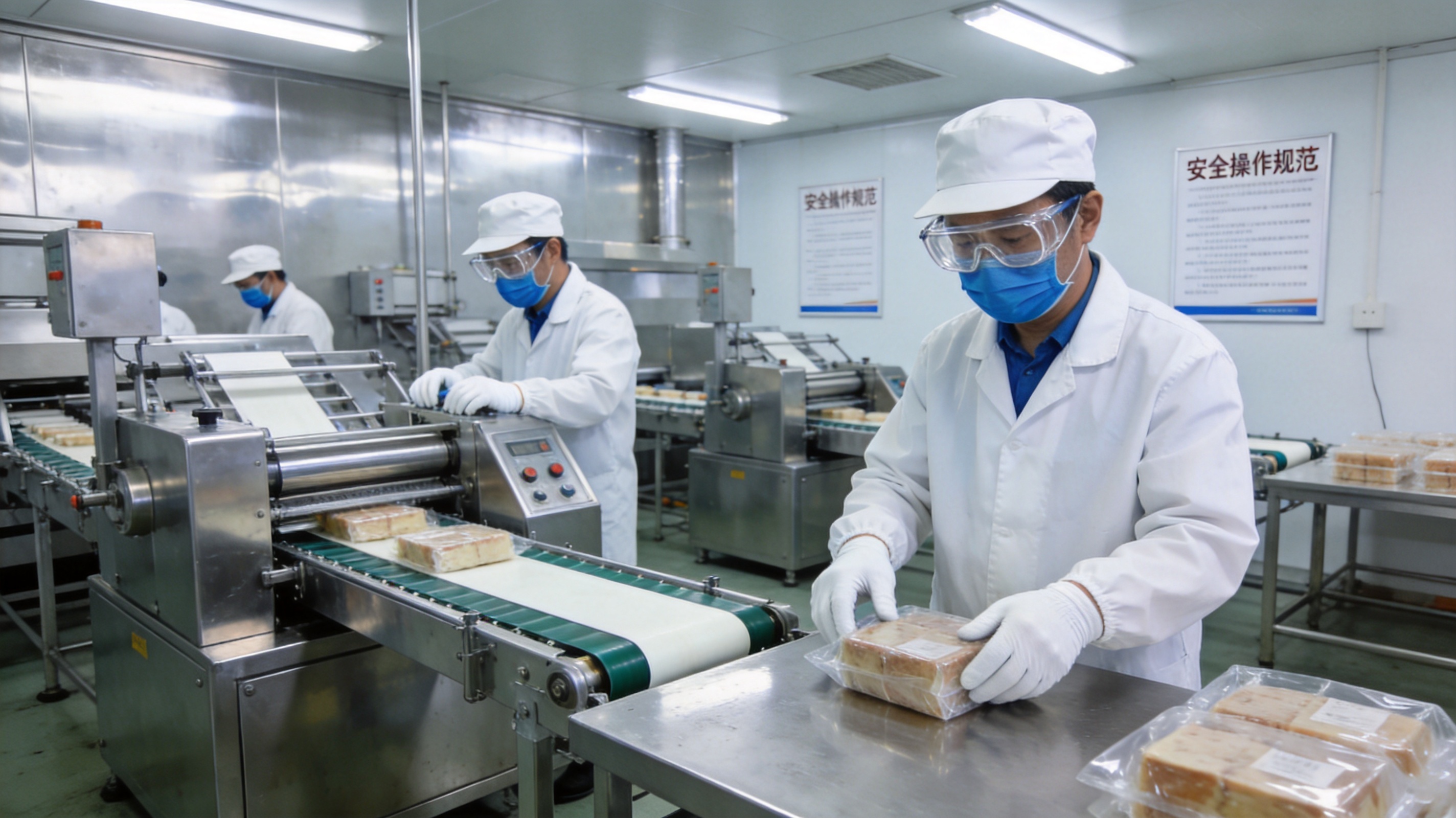 食品工厂分切包装车间的写实场景，工人佩戴防护装备操作，冷色灯光下整洁有序