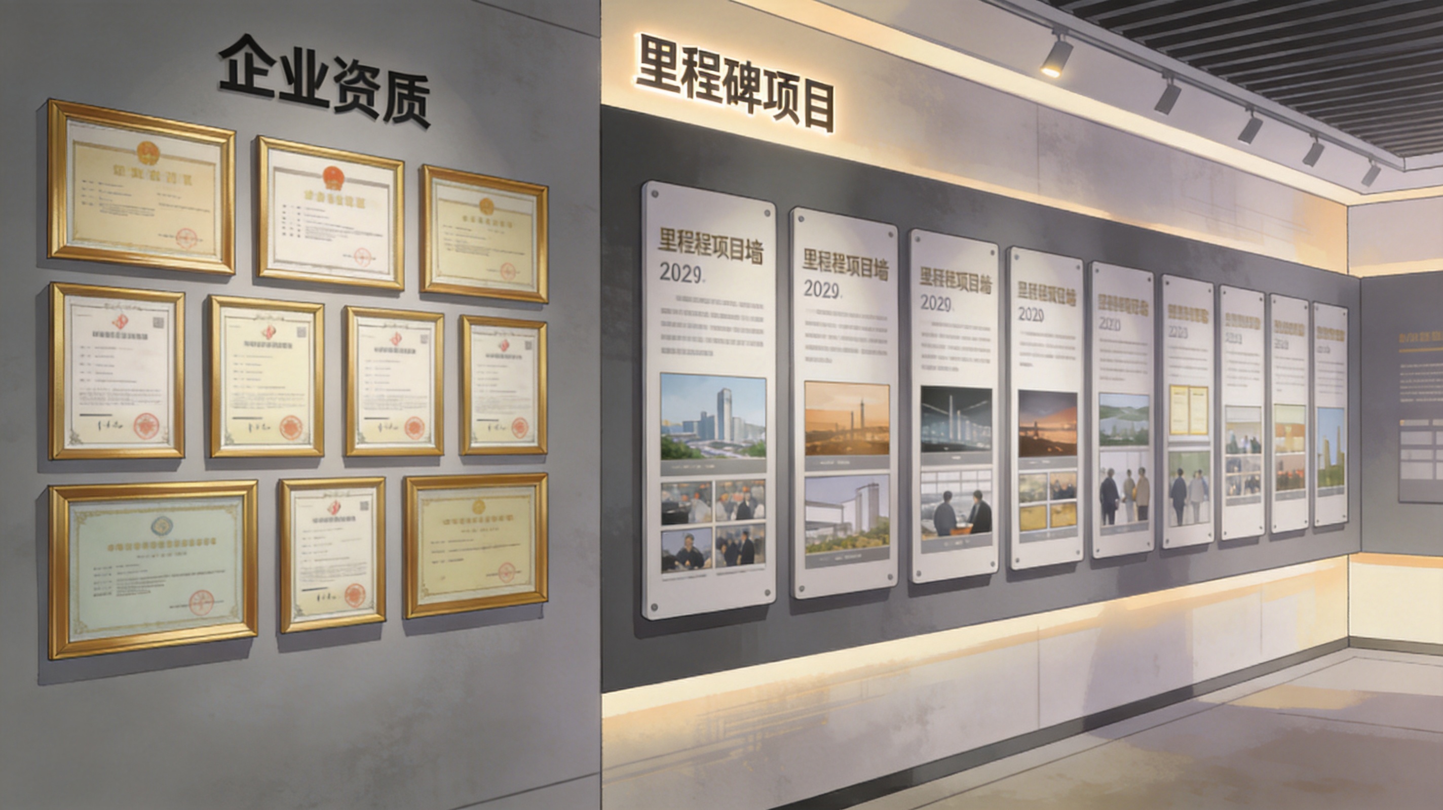 企业展厅内展示资质证书与里程碑项目墙，写实插画风格，色调大气沉稳有使命感