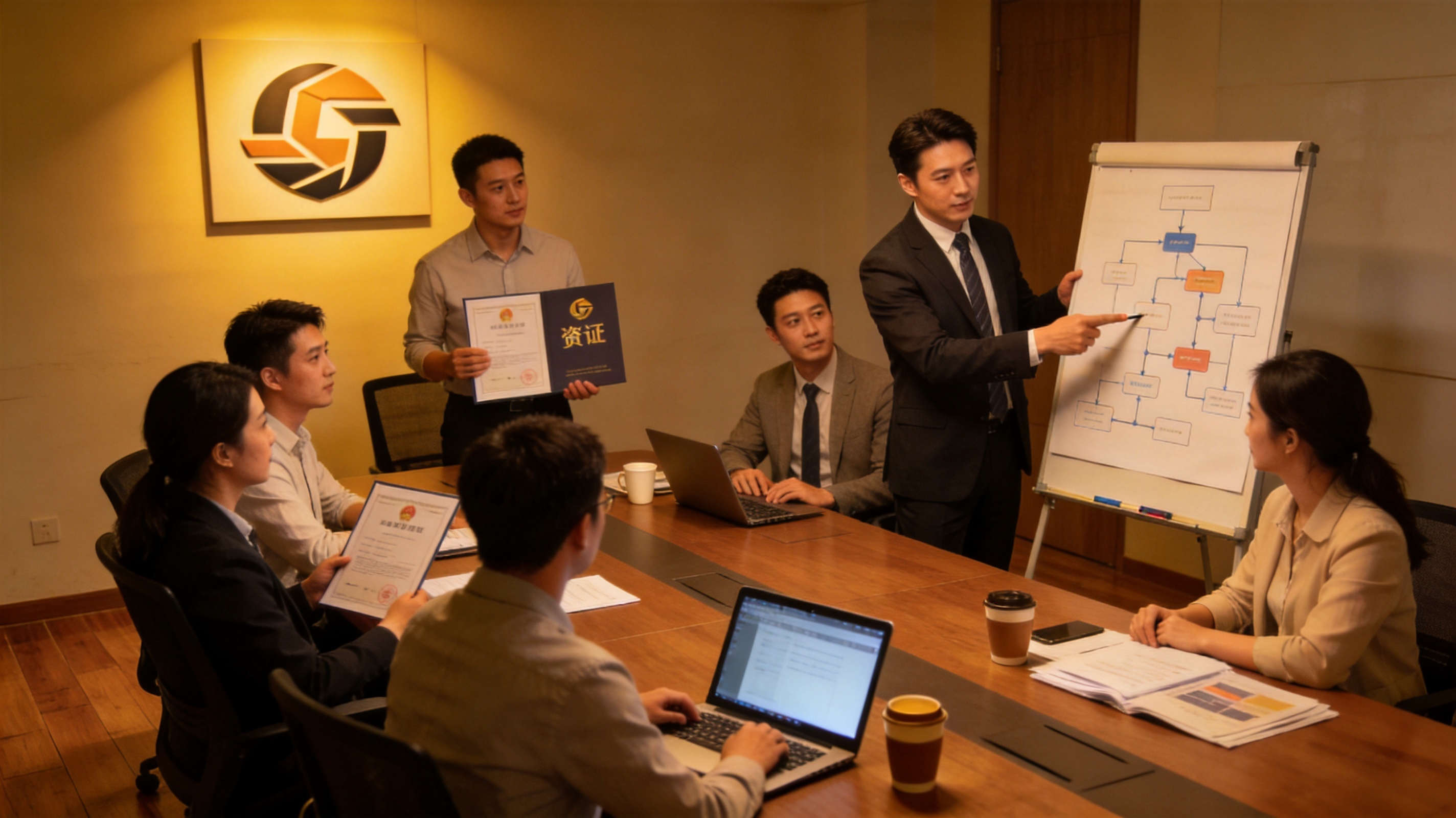 现代企业会议室内项目团队对照资质文件与流程图讨论，写实风格，光线温暖沉稳氛围