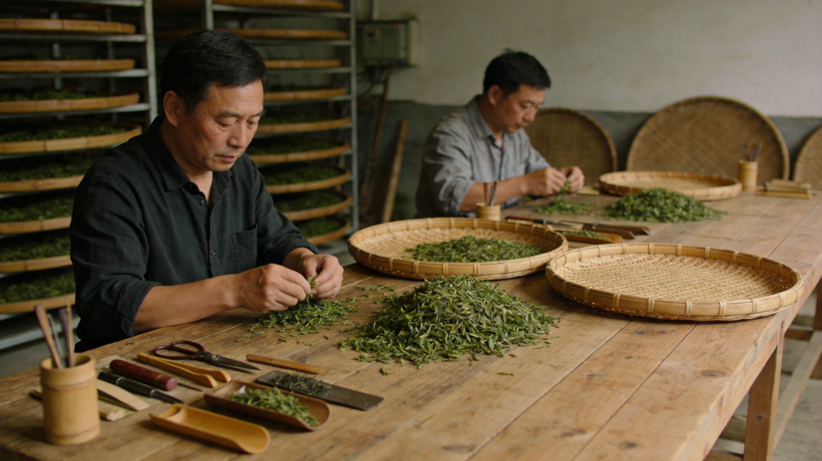 茶厂内匠人手工拣剔与精细化加工场景,木质工作台与茶叶工具,纪实风格,专注沉稳氛围