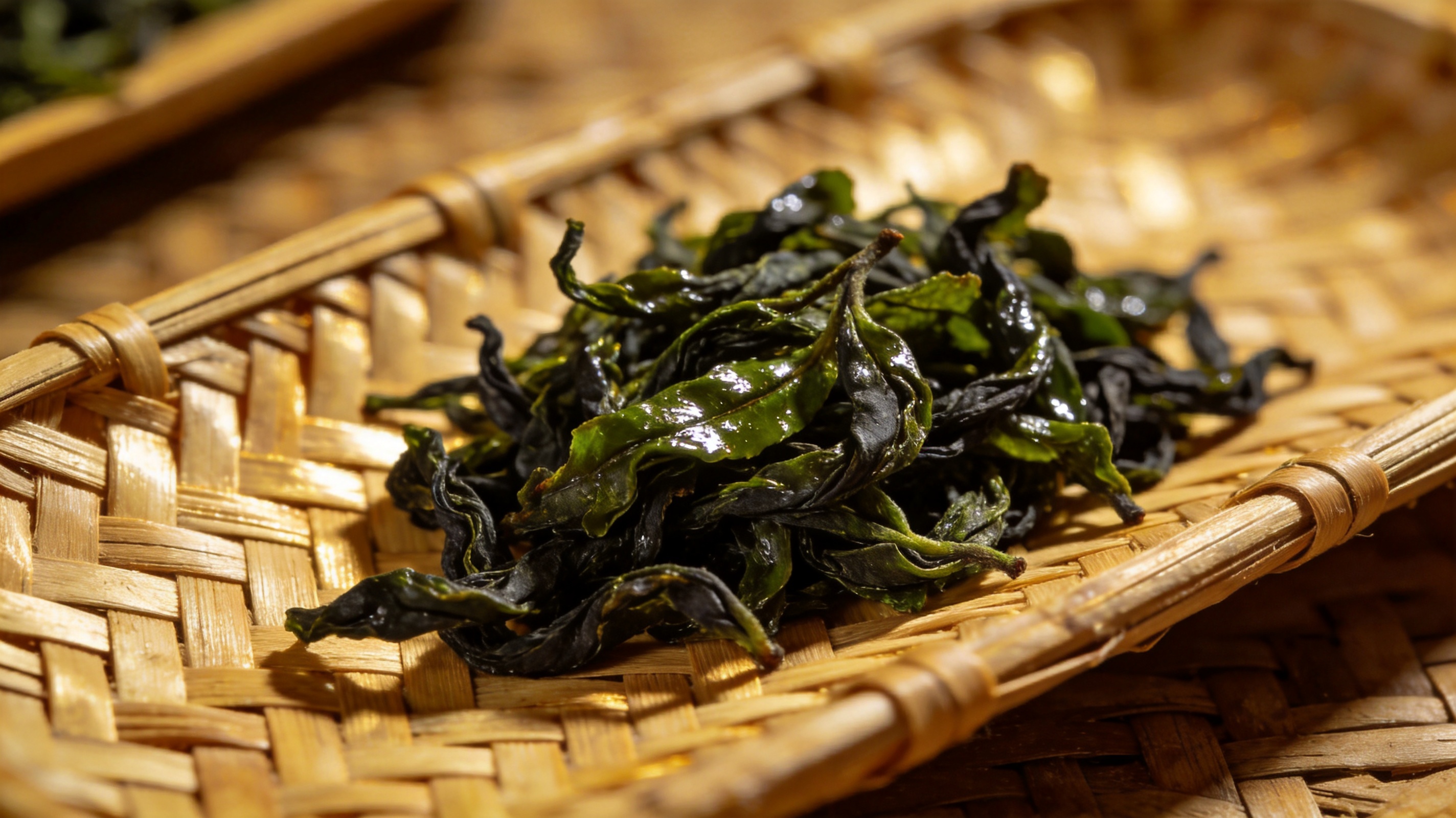 一撮墨绿油润的古树茶干茶置于竹编簸箕上,细节特写,质感清晰,暖色自然光氛围