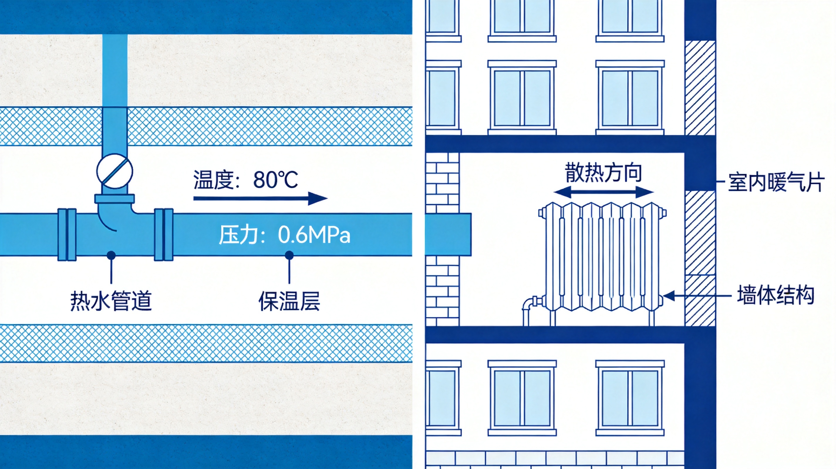 供热管网剖面示意与住宅楼对比画面,标注温度压力箭头,信息图插画风,画面清晰理性